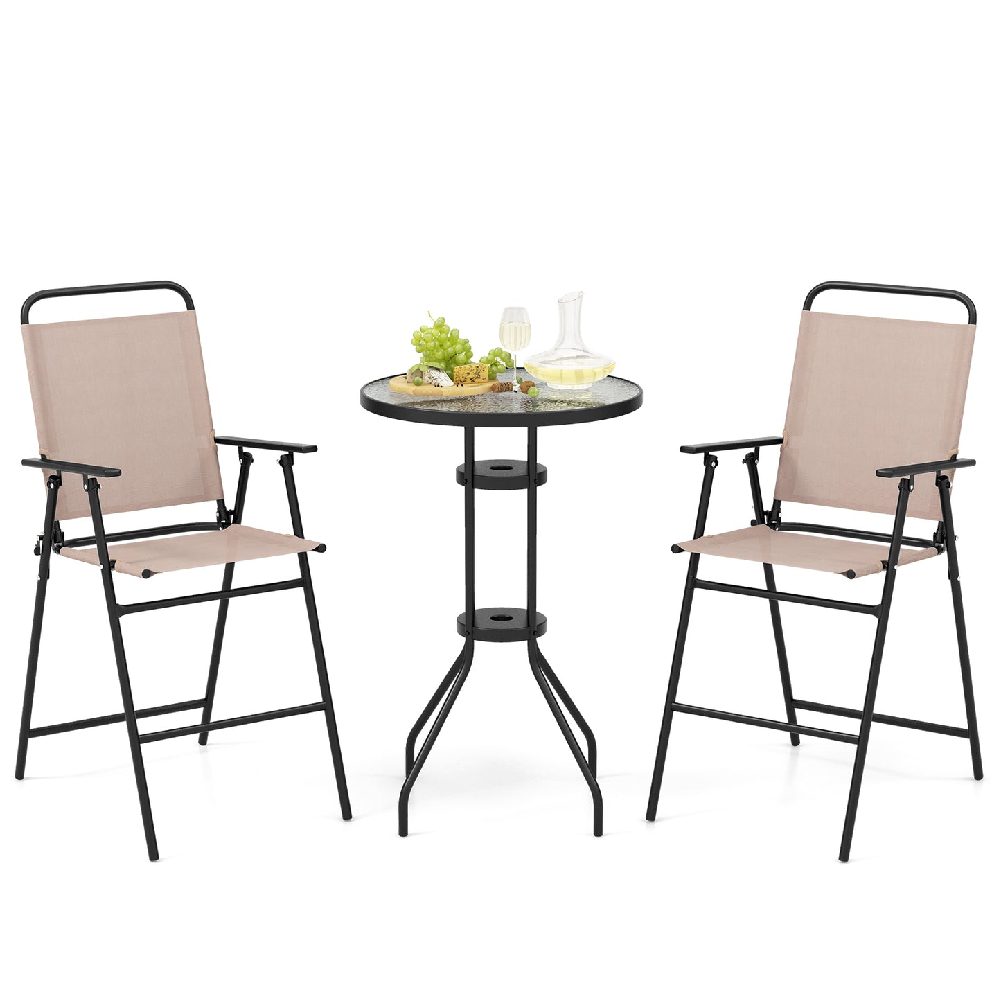 3-Piece Outdoor Bistro Set with Folding Chairs and Glass Table