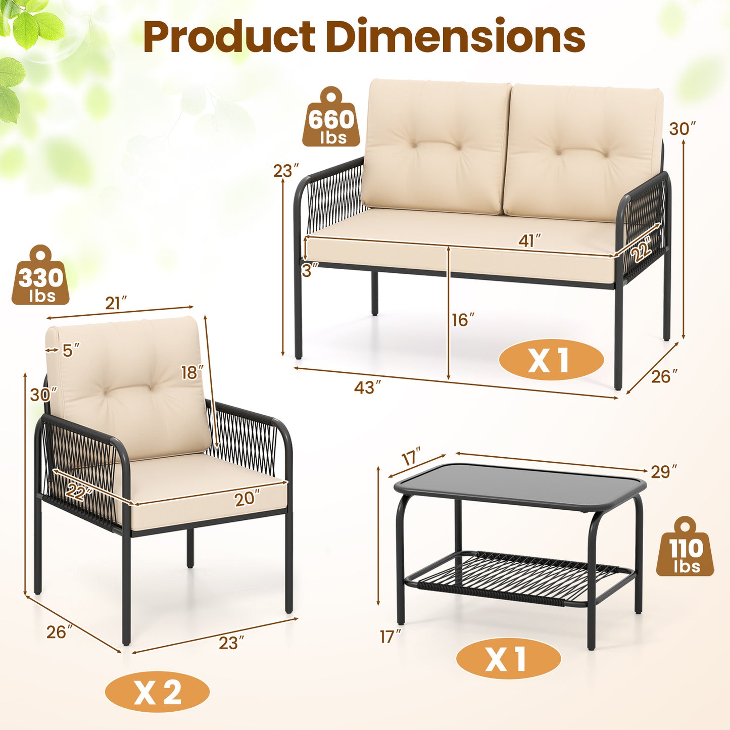 4-Piece Patio Conversation Set with Loveseat & Coffee Table