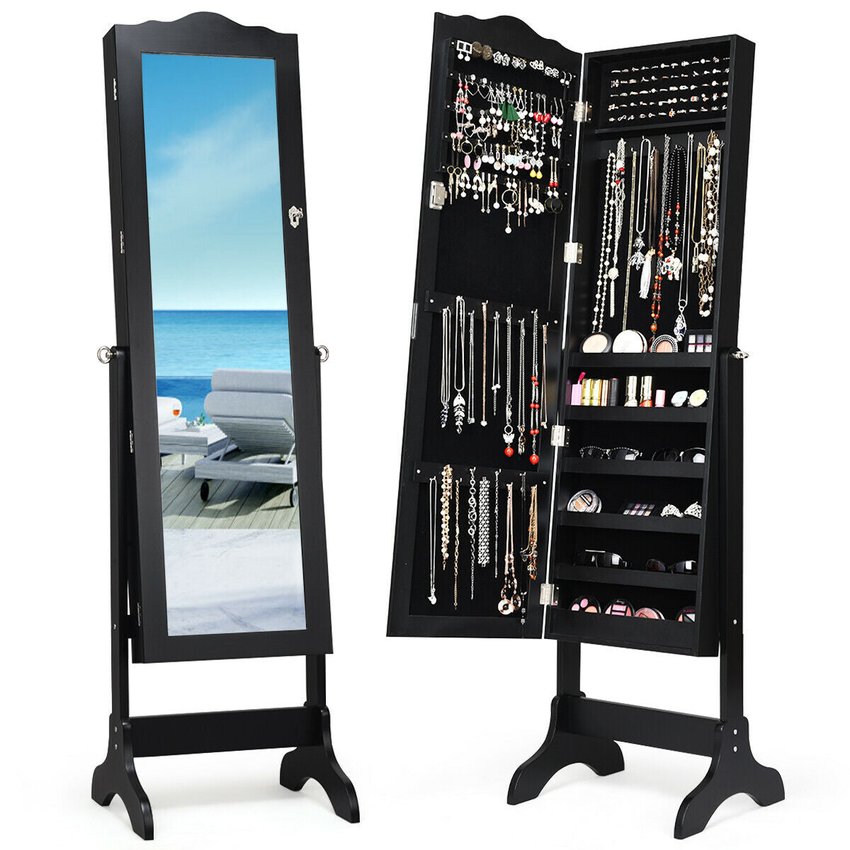 Mirrored Jewelry Armoire Cabinet with Lock and Full Length Mirror