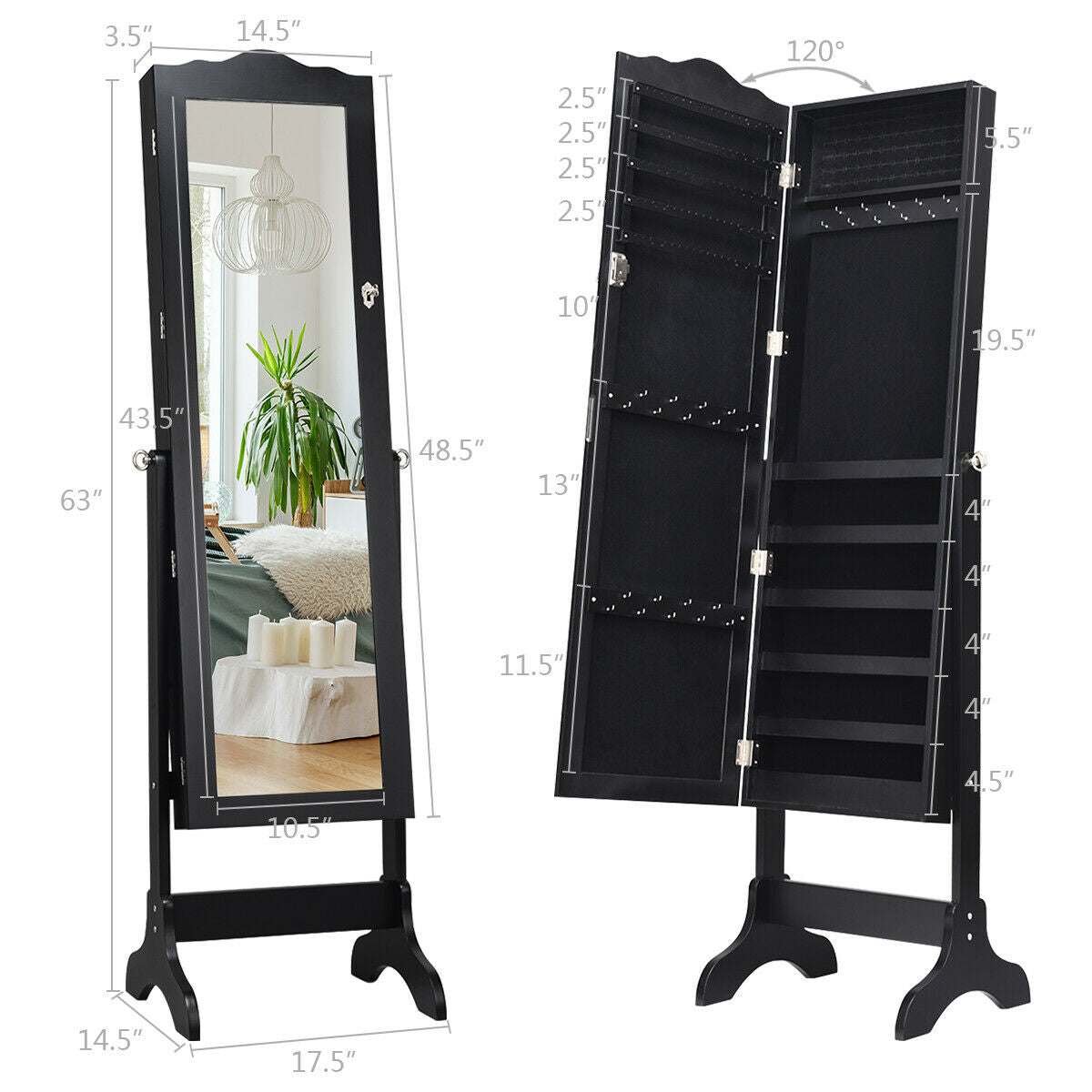 Mirrored Jewelry Armoire Cabinet with Lock and Full Length Mirror