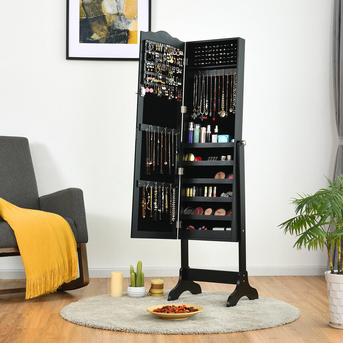 Mirrored Jewelry Armoire Cabinet with Lock and Full Length Mirror
