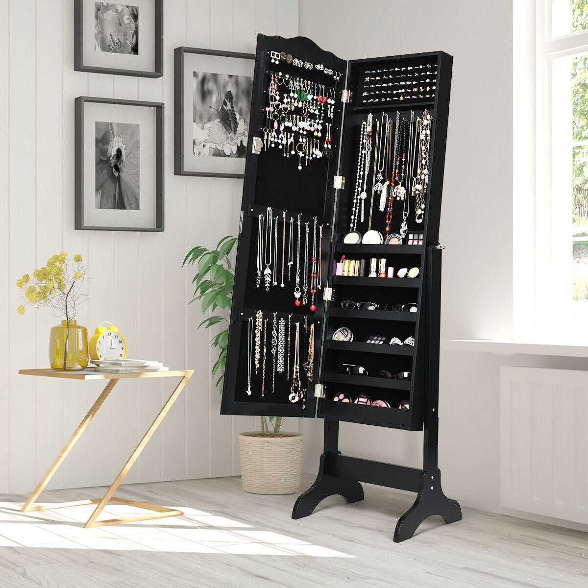 Mirrored Jewelry Armoire Cabinet with Lock and Full Length Mirror