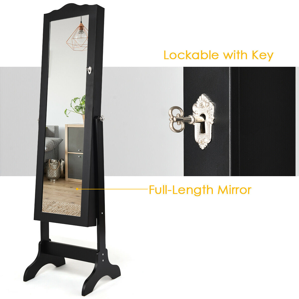 Mirrored Jewelry Armoire Cabinet with Lock and Full Length Mirror