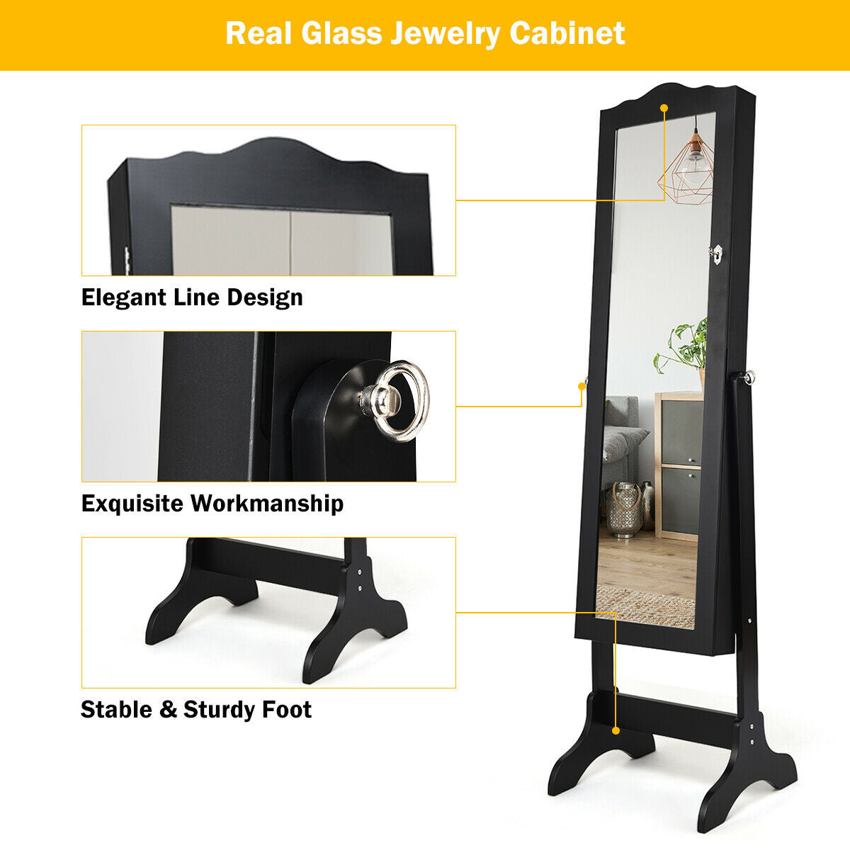 Mirrored Jewelry Armoire Cabinet with Lock and Full Length Mirror