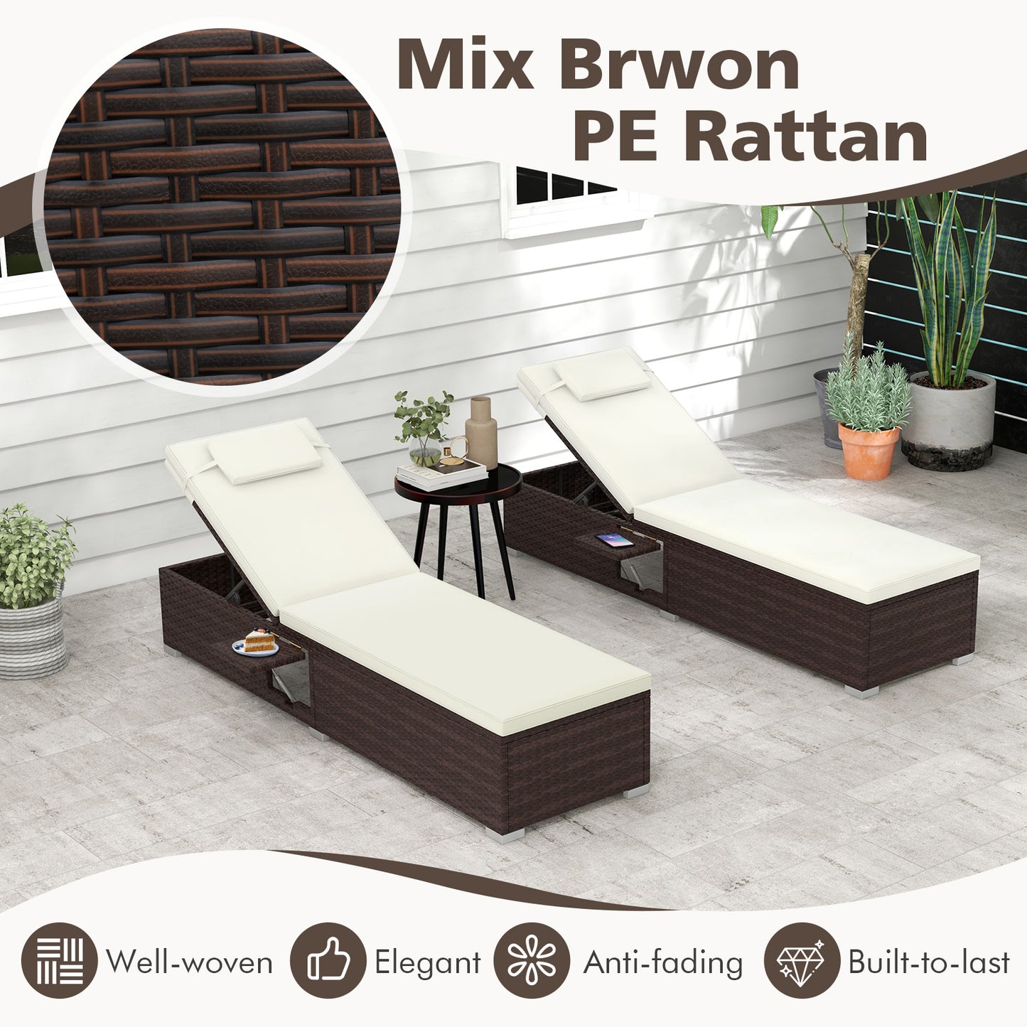 Patio Chaise Lounge Set of 2 with Adjustable Backrest & Cushion