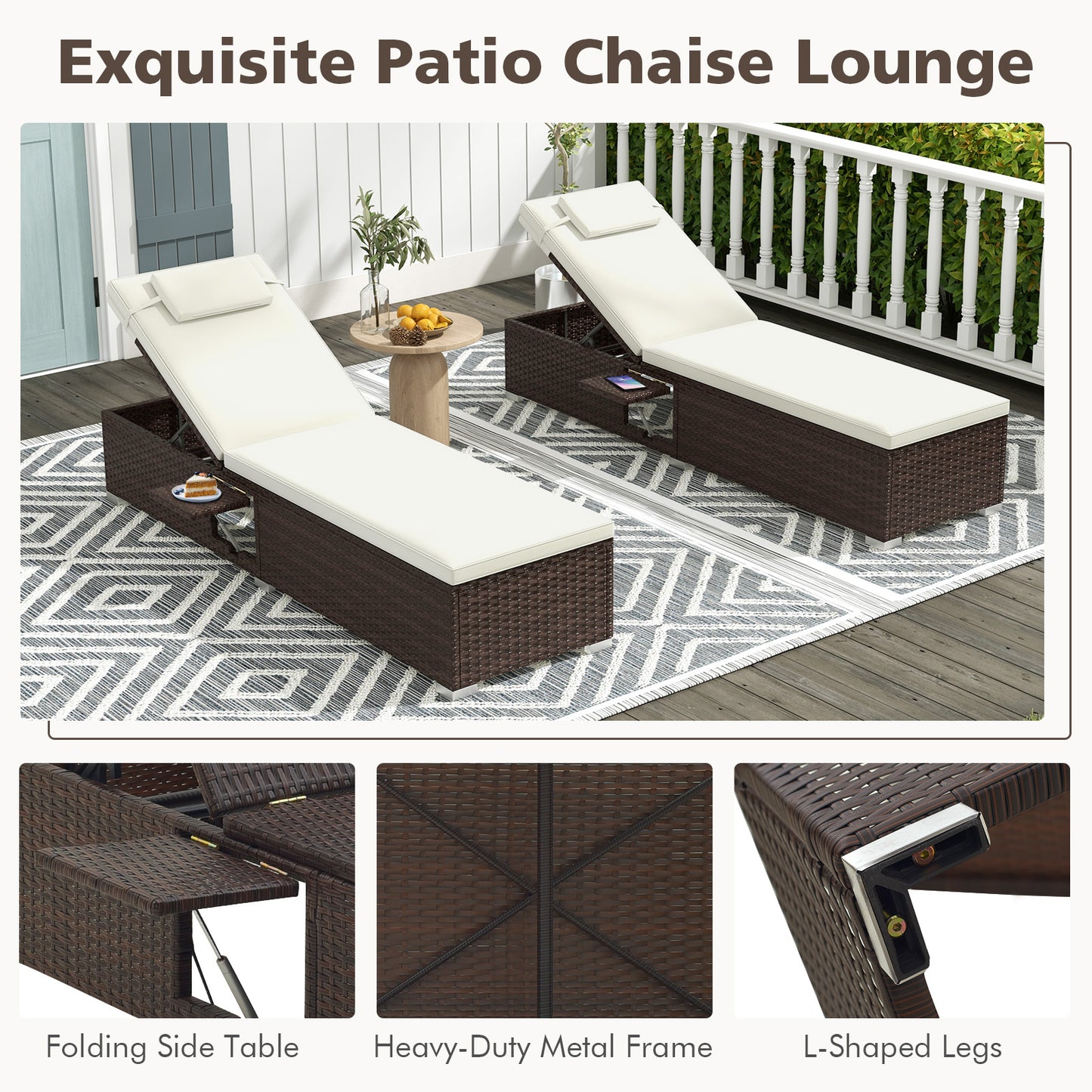 Patio Chaise Lounge Set of 2 with Adjustable Backrest & Cushion