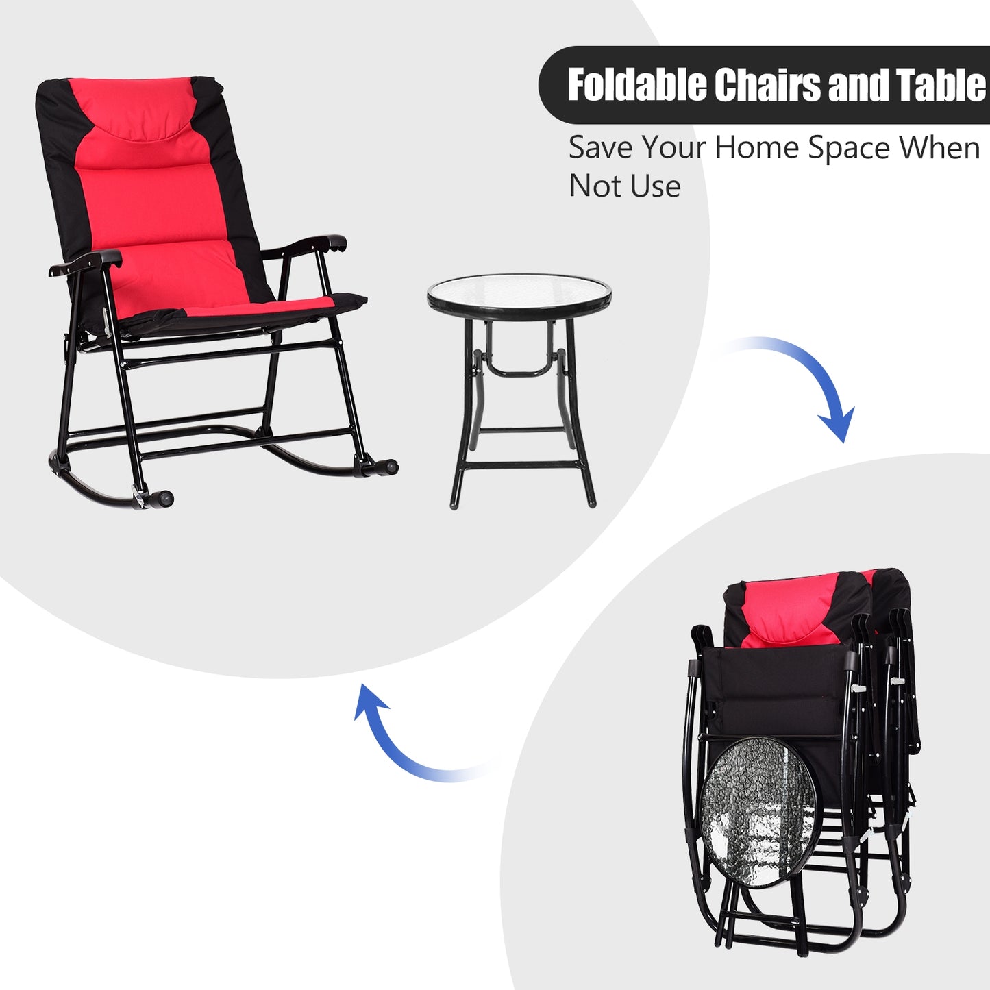 3-Piece Folding Rocking Chair Set with Cushions & Coffee Table