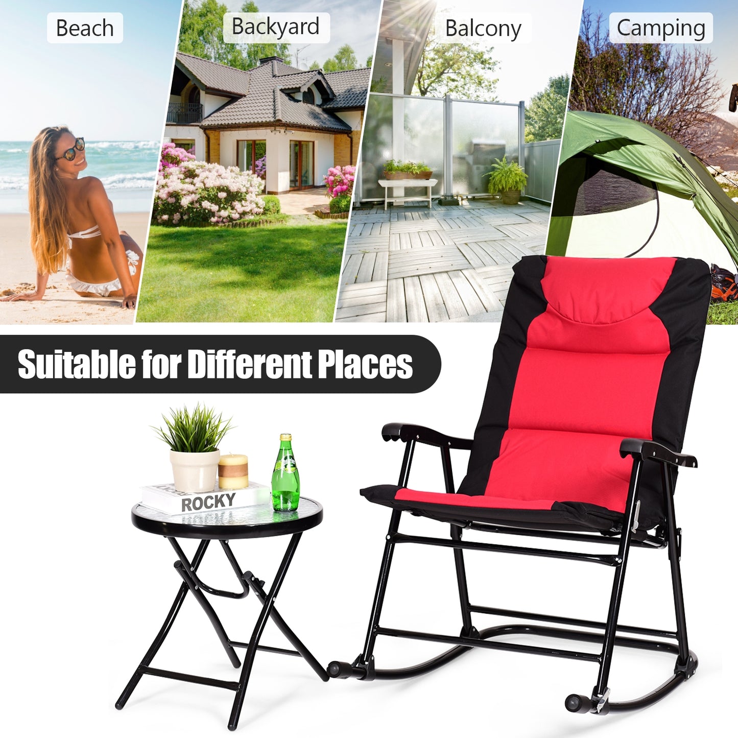3-Piece Folding Rocking Chair Set with Cushions & Coffee Table