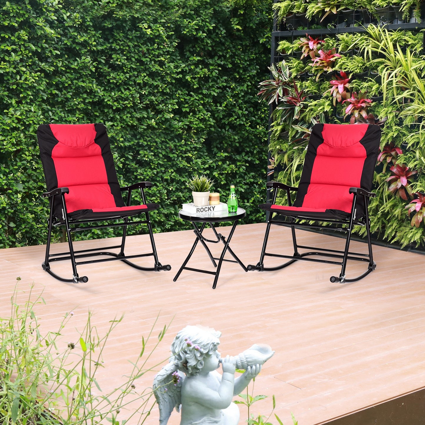 3-Piece Folding Rocking Chair Set with Cushions & Coffee Table