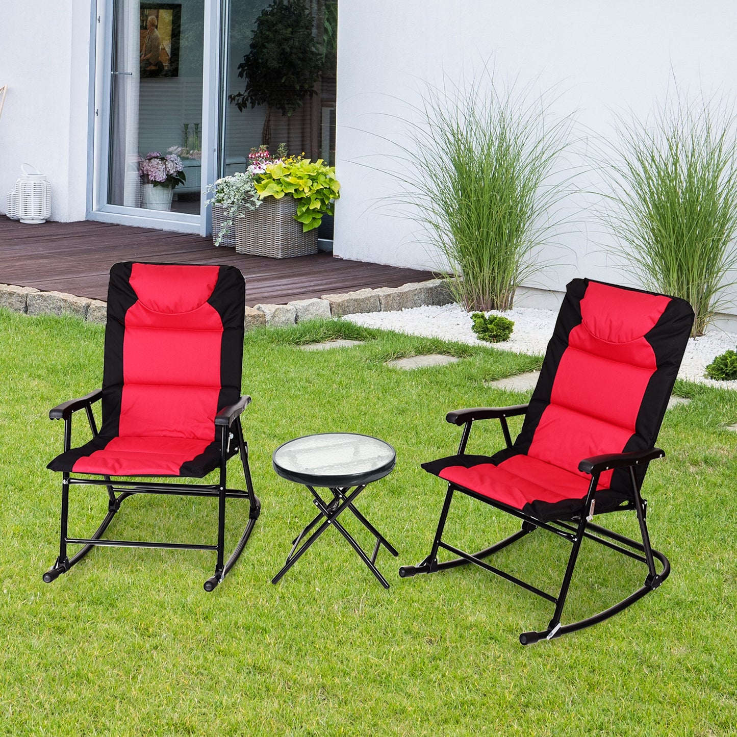 3-Piece Folding Rocking Chair Set with Cushions & Coffee Table