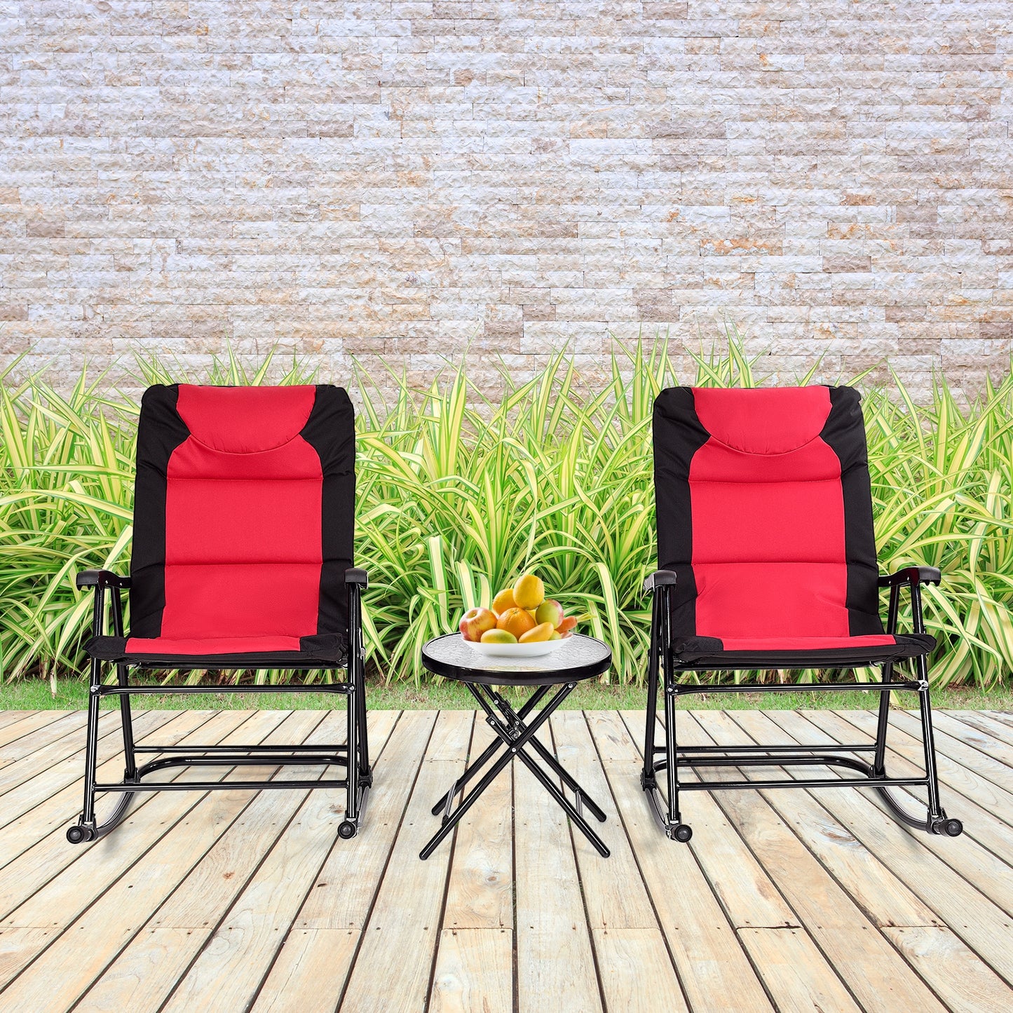 3-Piece Folding Rocking Chair Set with Cushions & Coffee Table