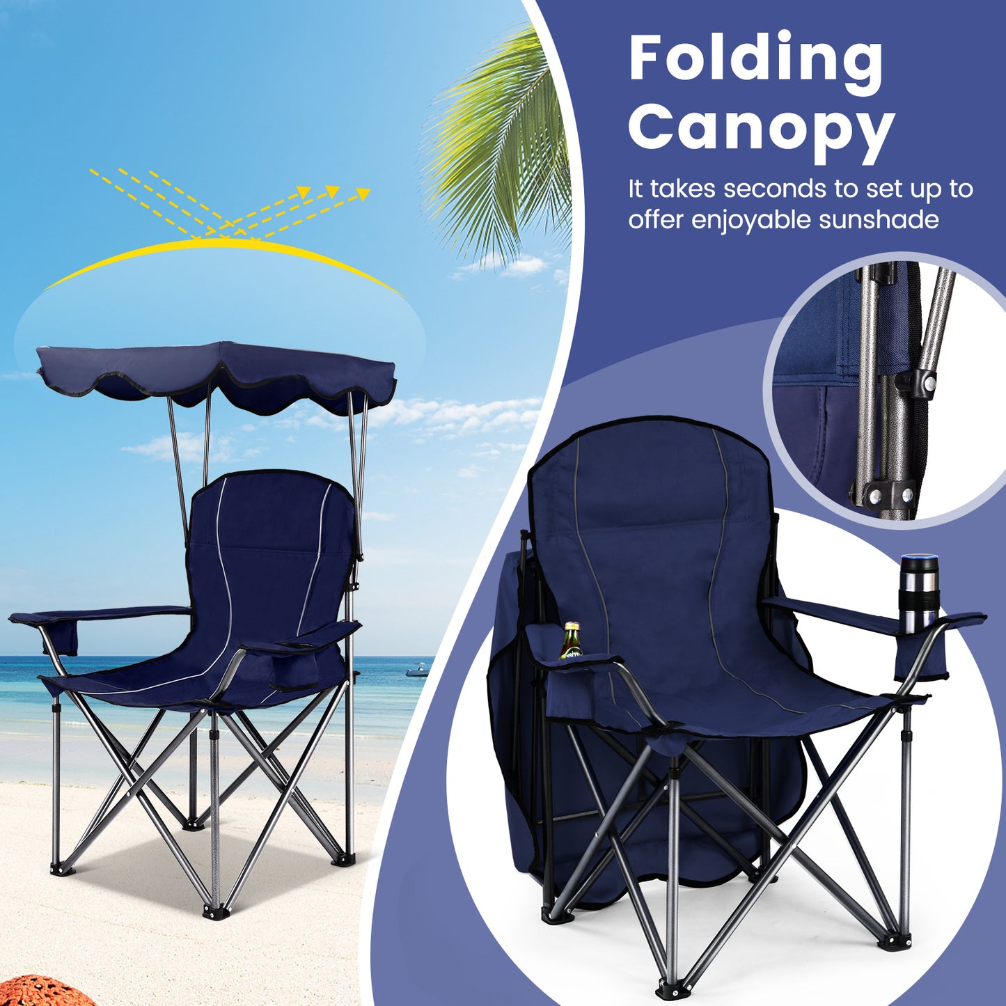 Folding Beach Canopy Chair with Cup Holders