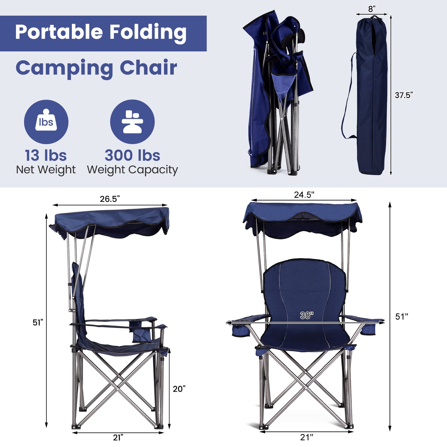 Folding Beach Canopy Chair with Cup Holders