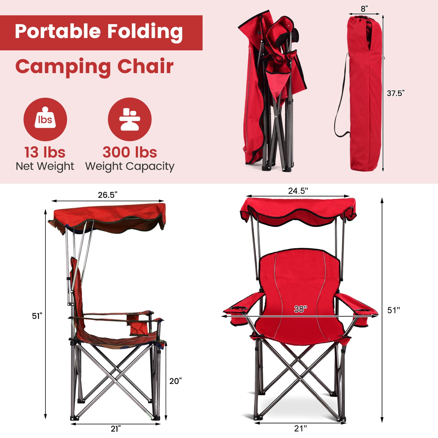 Folding Beach Canopy Chair with Cup Holders