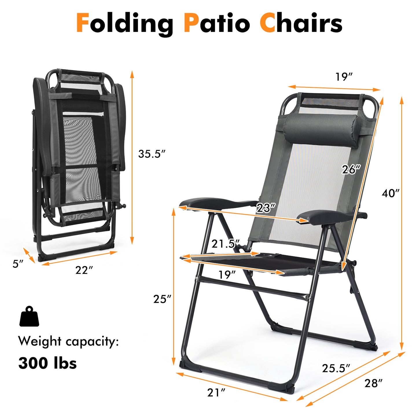 Adjustable Folding Recliner Chairs - 7 Position Backrest (Set of 2)