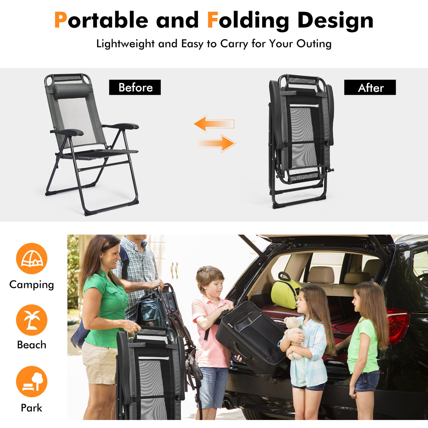 Adjustable Folding Recliner Chairs - 7 Position Backrest (Set of 2)