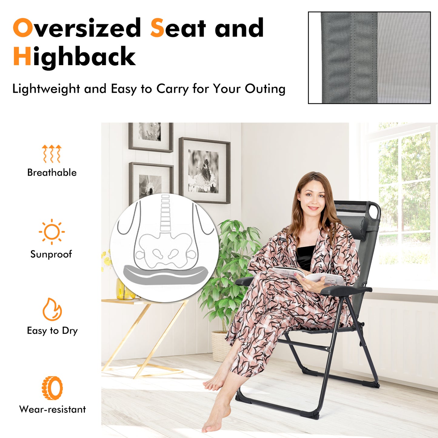 Adjustable Folding Recliner Chairs - 7 Position Backrest (Set of 2)