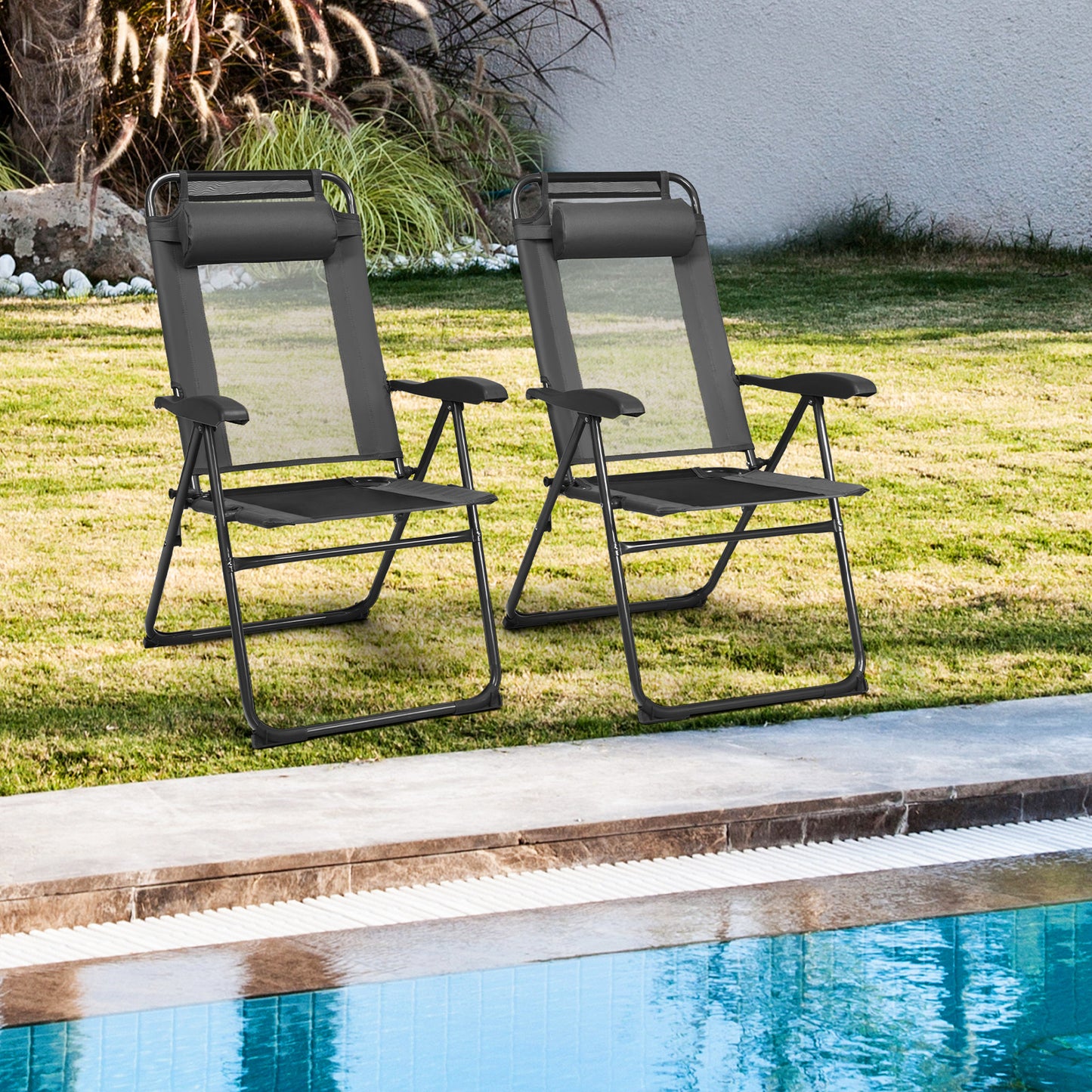 Adjustable Folding Recliner Chairs - 7 Position Backrest (Set of 2)