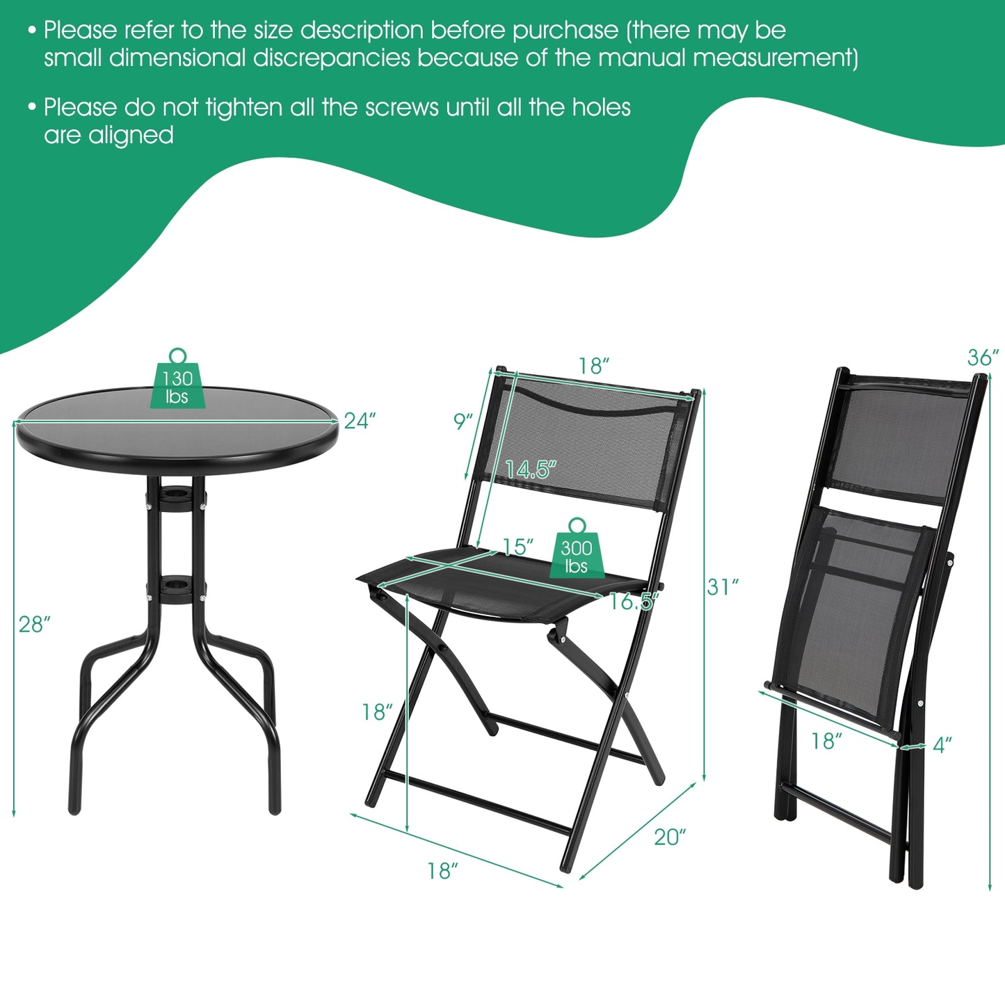 3-Piece Folding Bistro Set with Round Table and Chairs