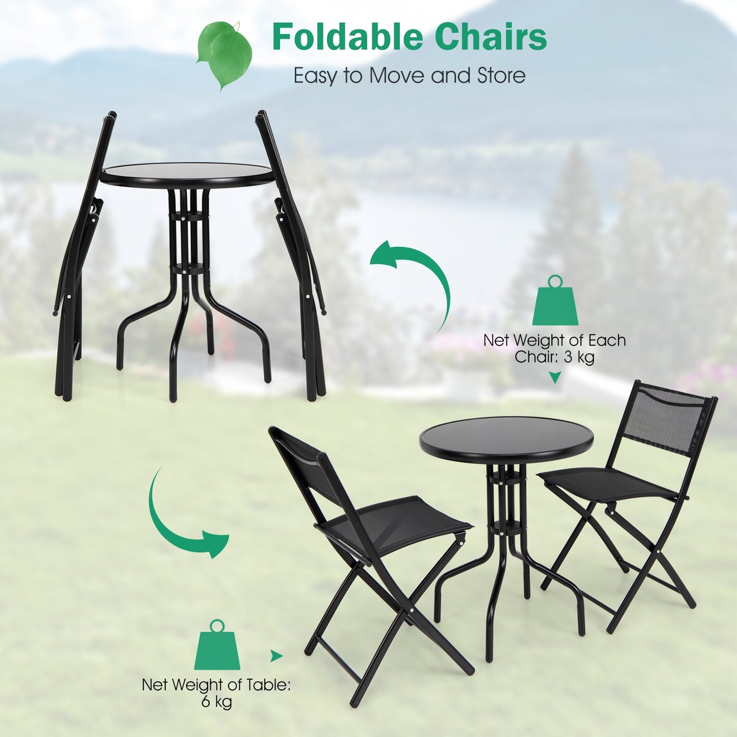 3-Piece Folding Bistro Set with Round Table and Chairs