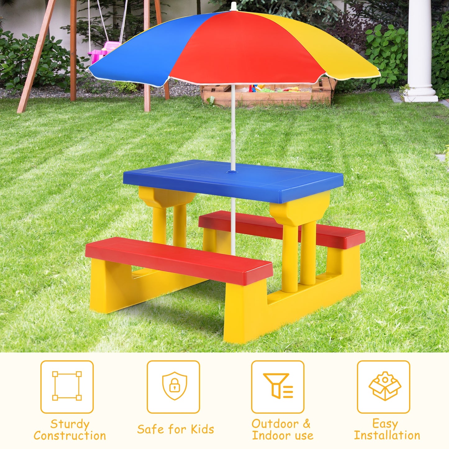 Kids Picnic Table and Bench Set with Umbrella
