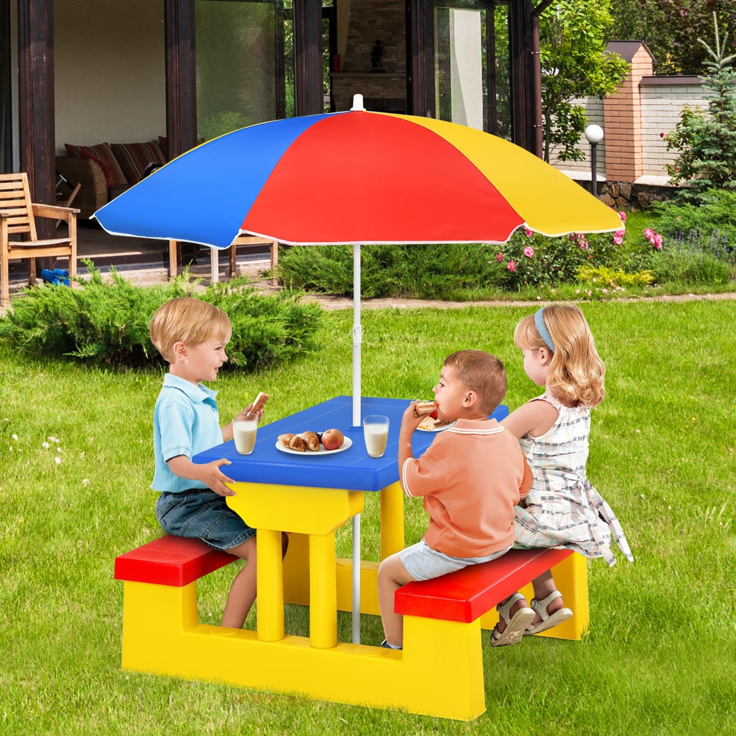 Kids Picnic Table and Bench Set with Umbrella