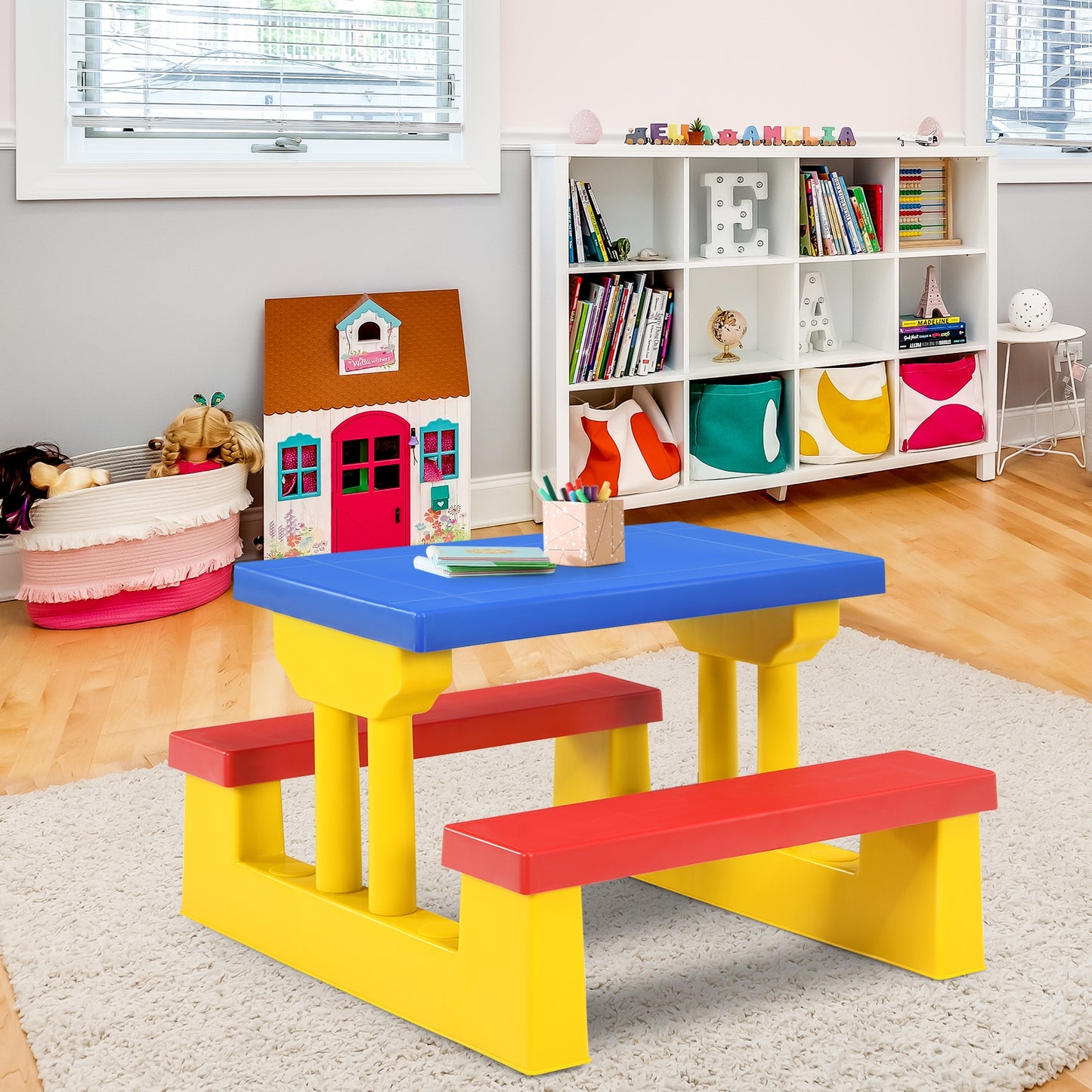 Kids Picnic Table and Bench Set with Umbrella