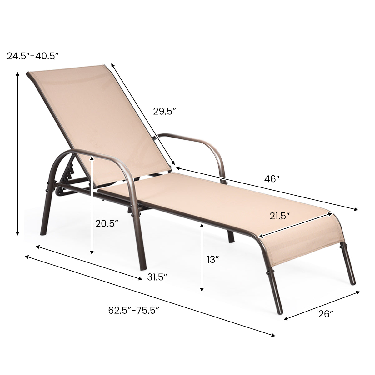 Adjustable Patio Chaise Lounge Chair with 5-Position Backrest