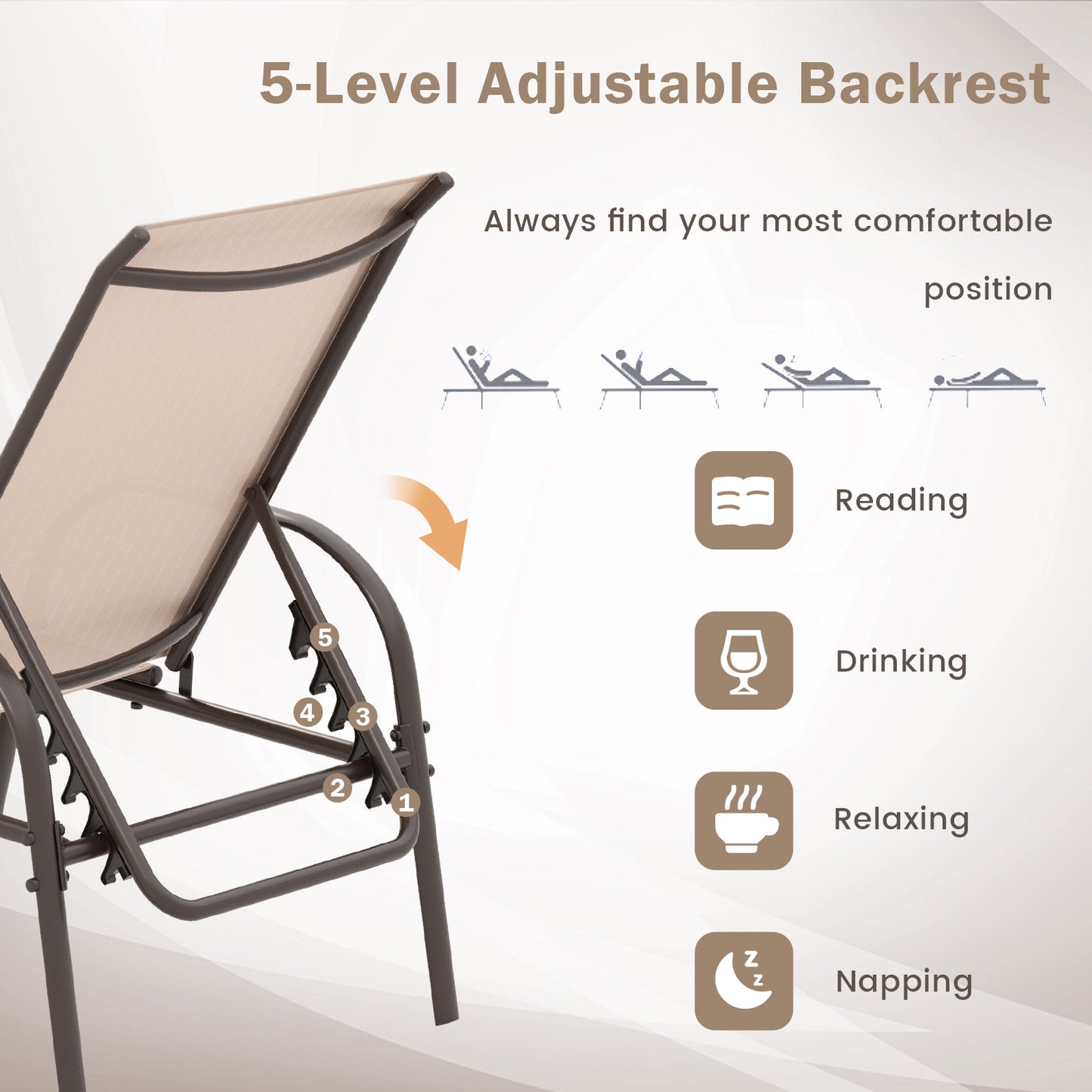 Adjustable Patio Chaise Lounge Chair with 5-Position Backrest