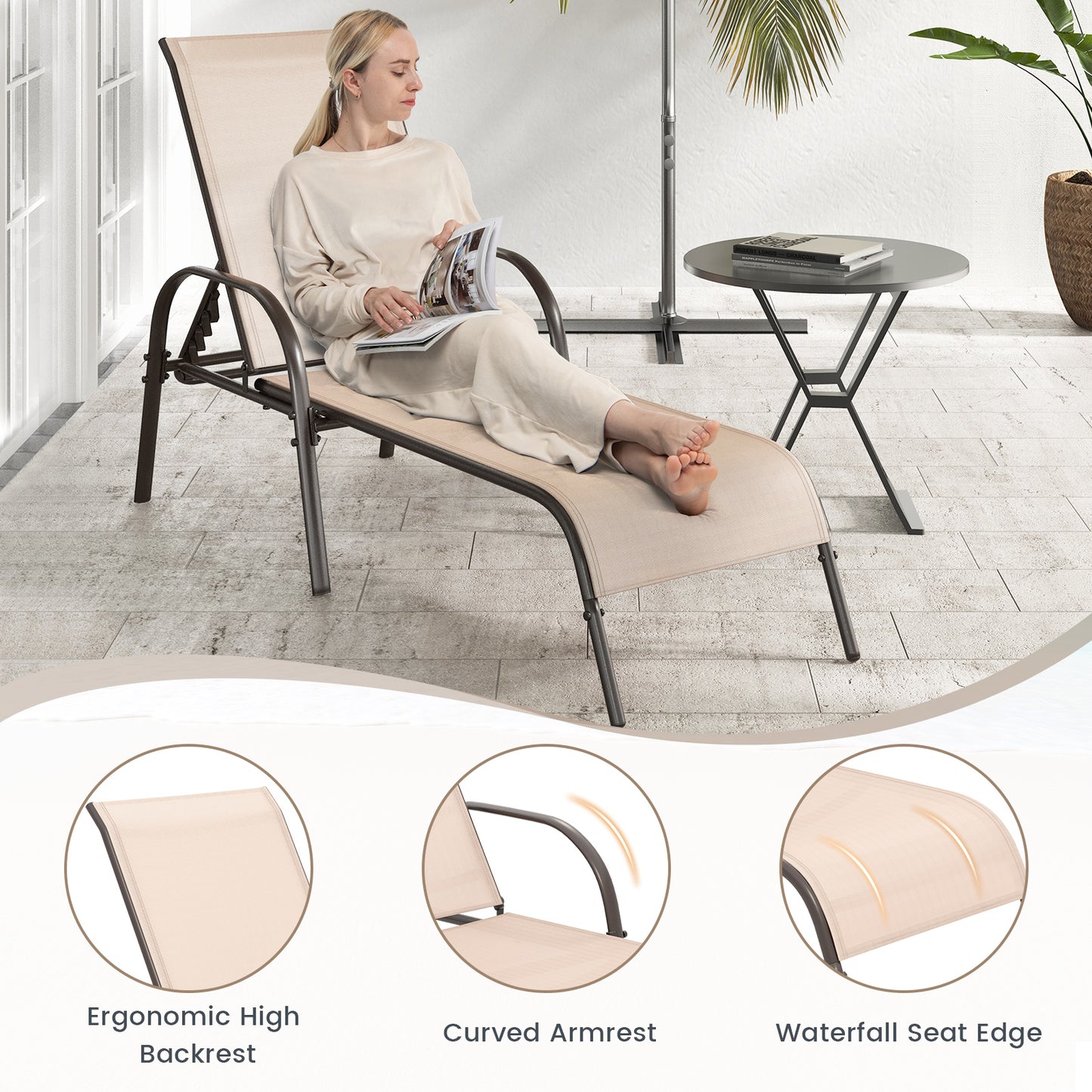 Adjustable Patio Chaise Lounge Chair with 5-Position Backrest