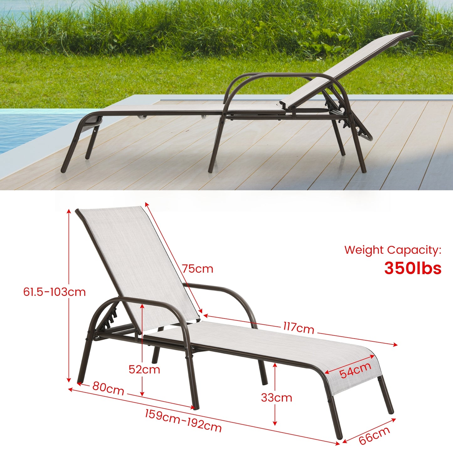 Adjustable Patio Chaise Lounge Chair with 5-Position Backrest