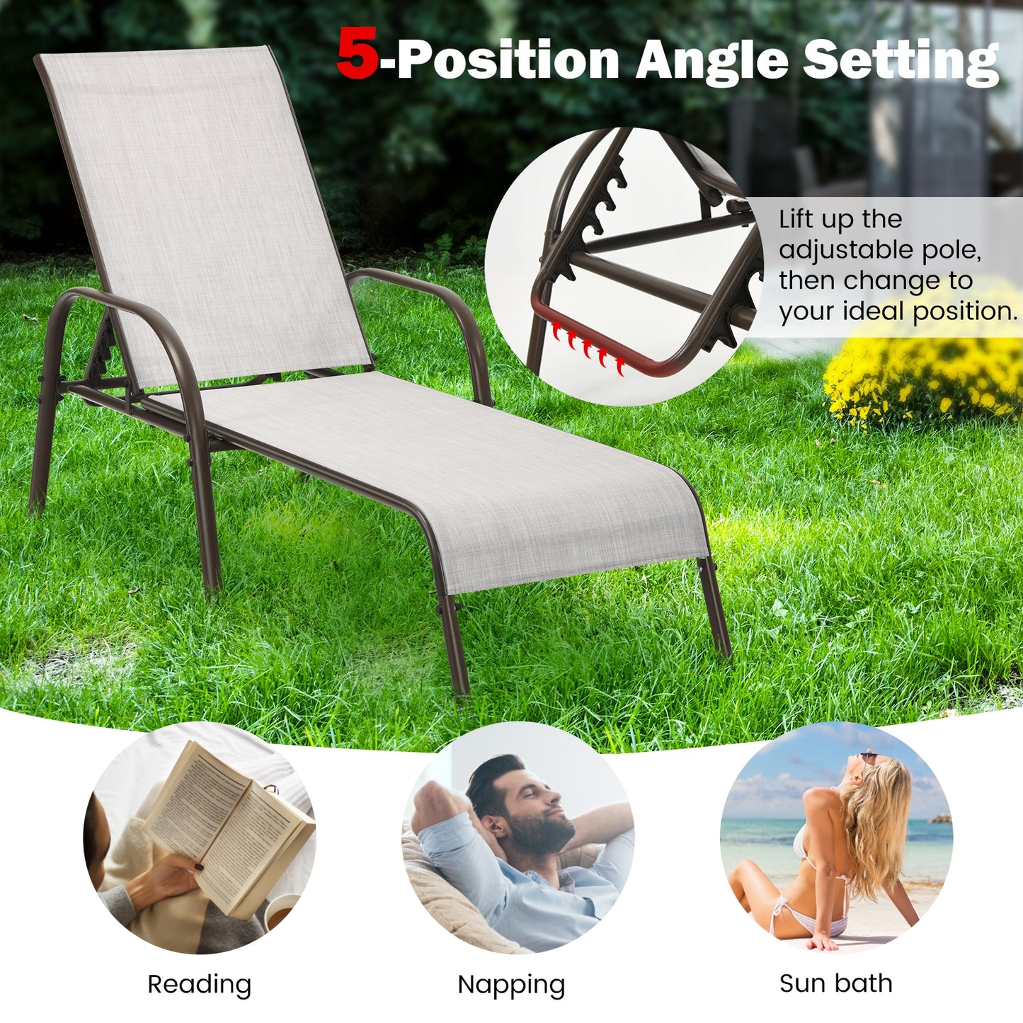 Adjustable Patio Chaise Lounge Chair with 5-Position Backrest