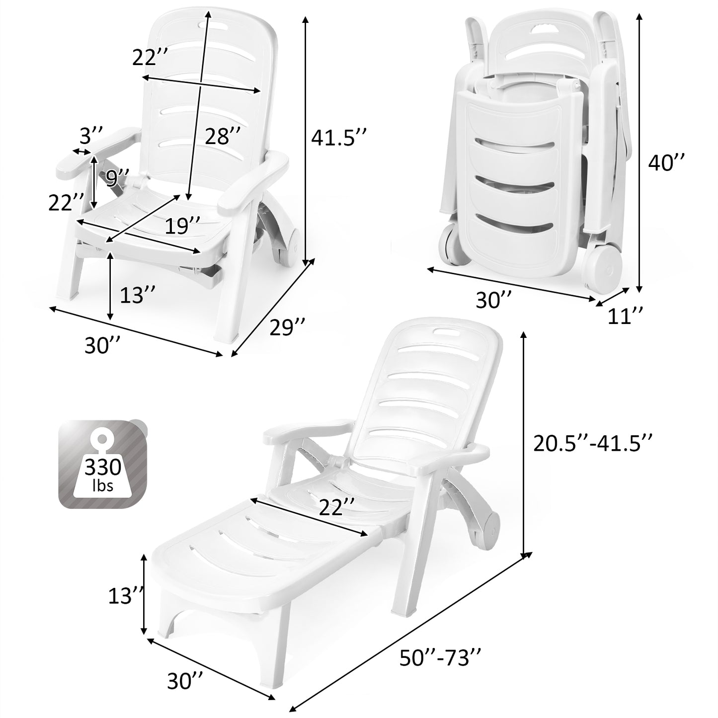 Adjustable Folding Chaise Lounge Chair with Wheels