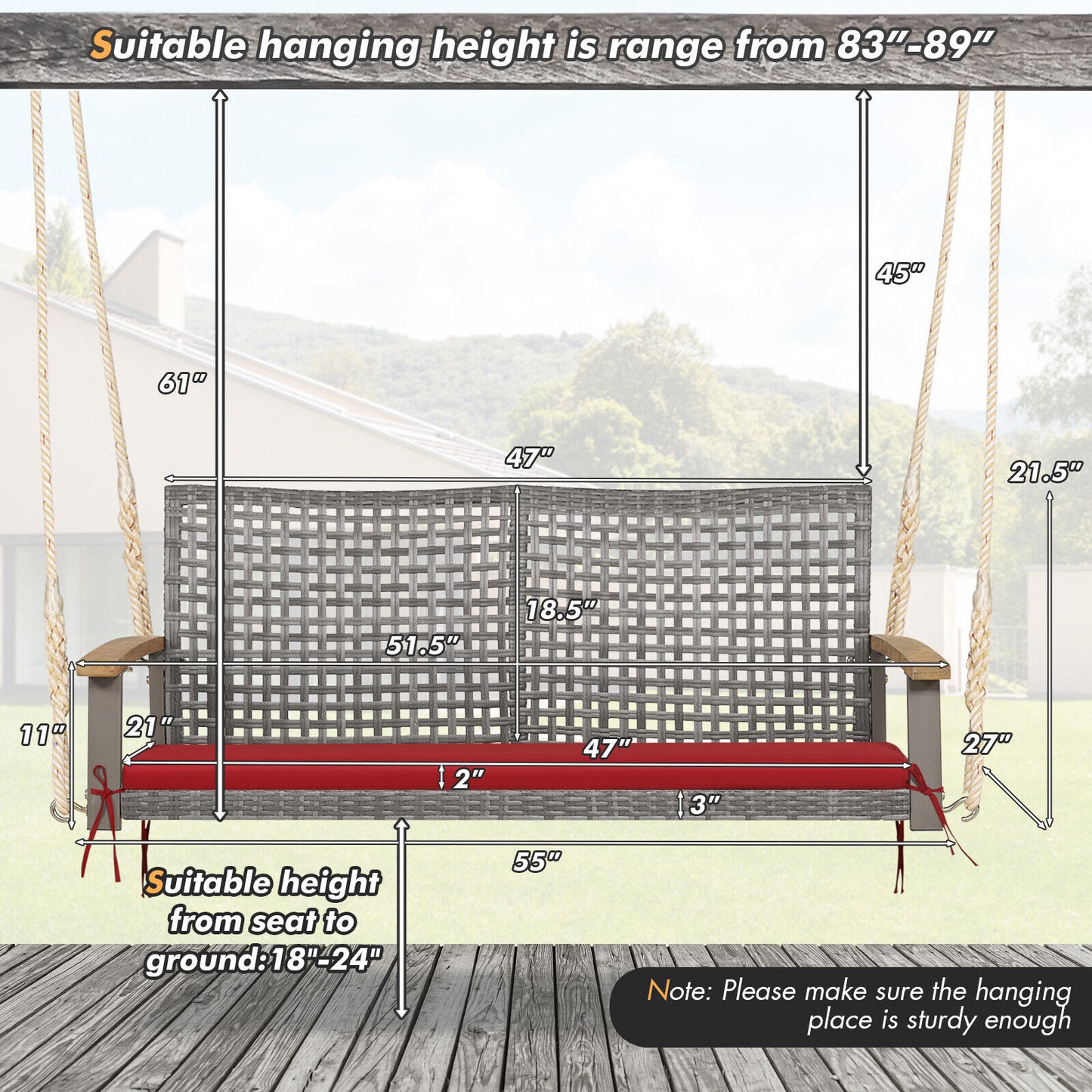2-Person Wicker Porch Swing Chair with Cushion