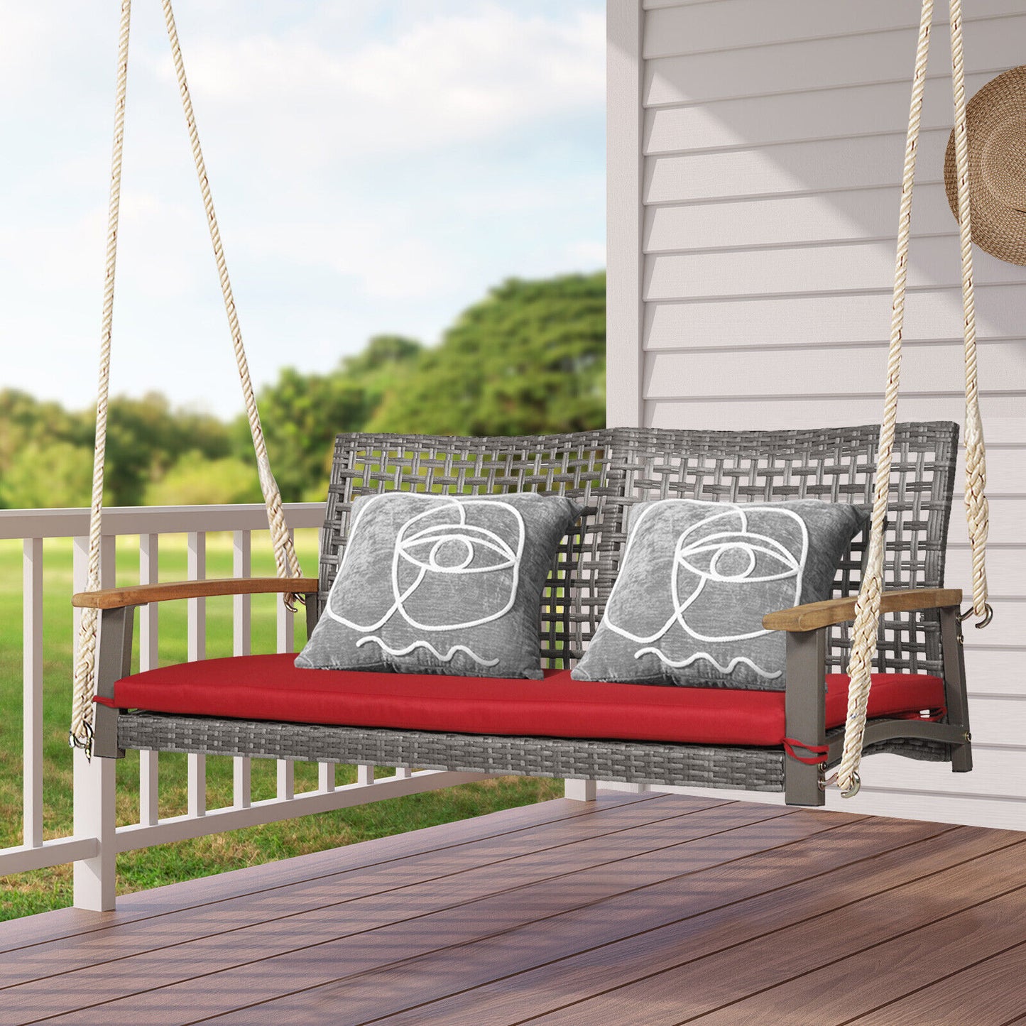 2-Person Wicker Porch Swing Chair with Cushion