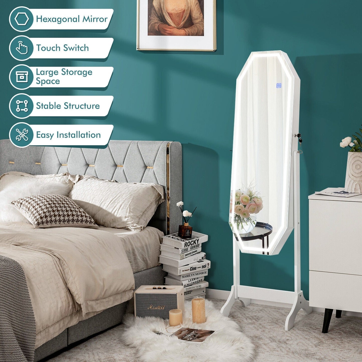 Standing Jewelry Cabinet Armoire Organizer LED Light Mirror Lockable White