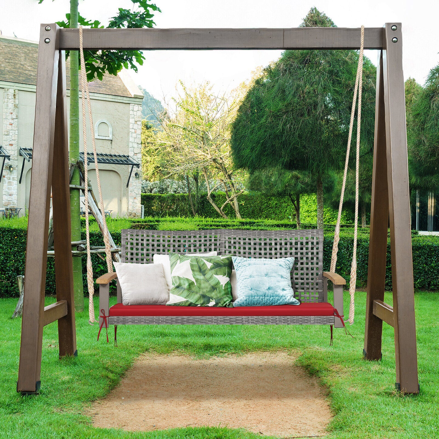 2-Person Wicker Porch Swing Chair with Cushion