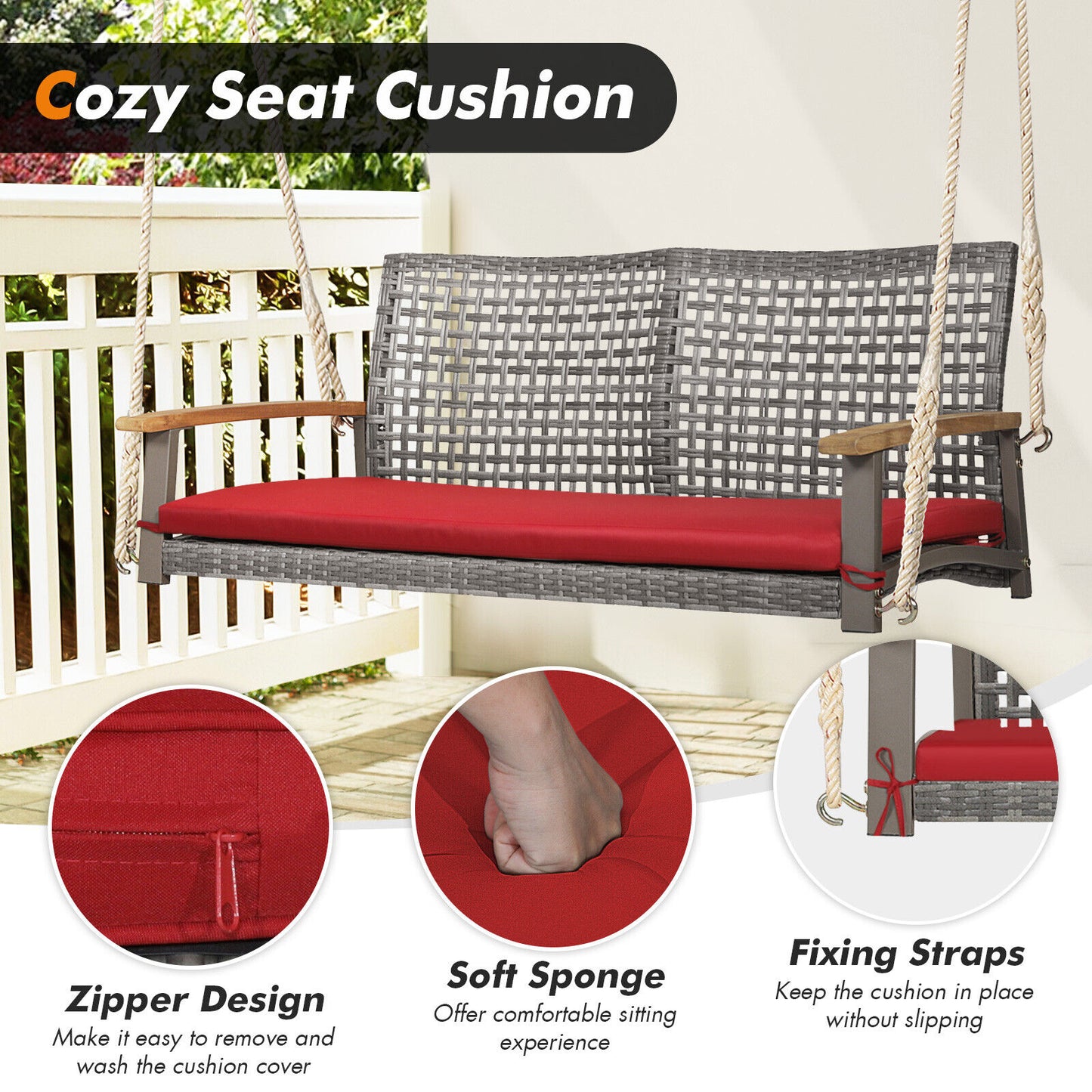 2-Person Wicker Porch Swing Chair with Cushion