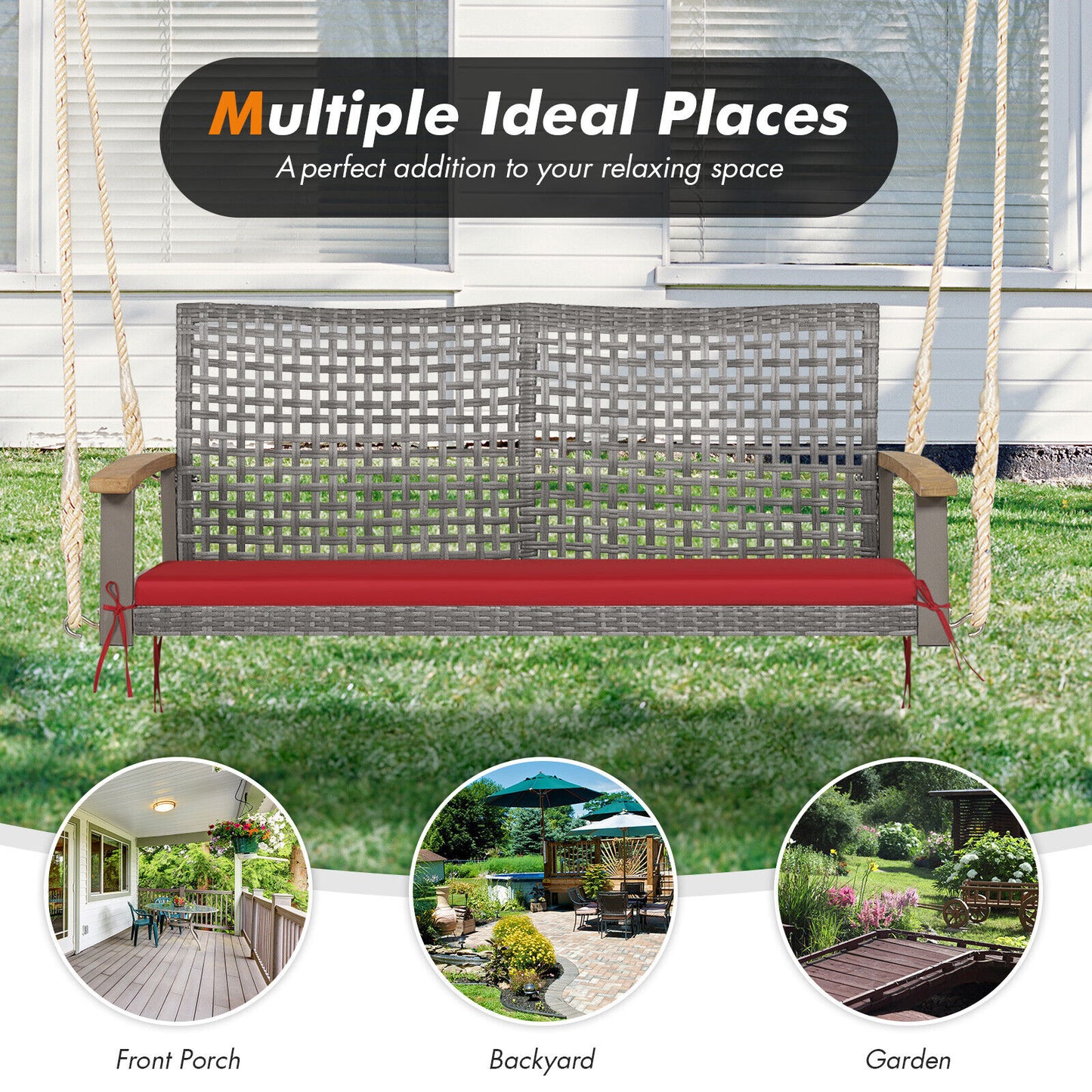 2-Person Wicker Porch Swing Chair with Cushion
