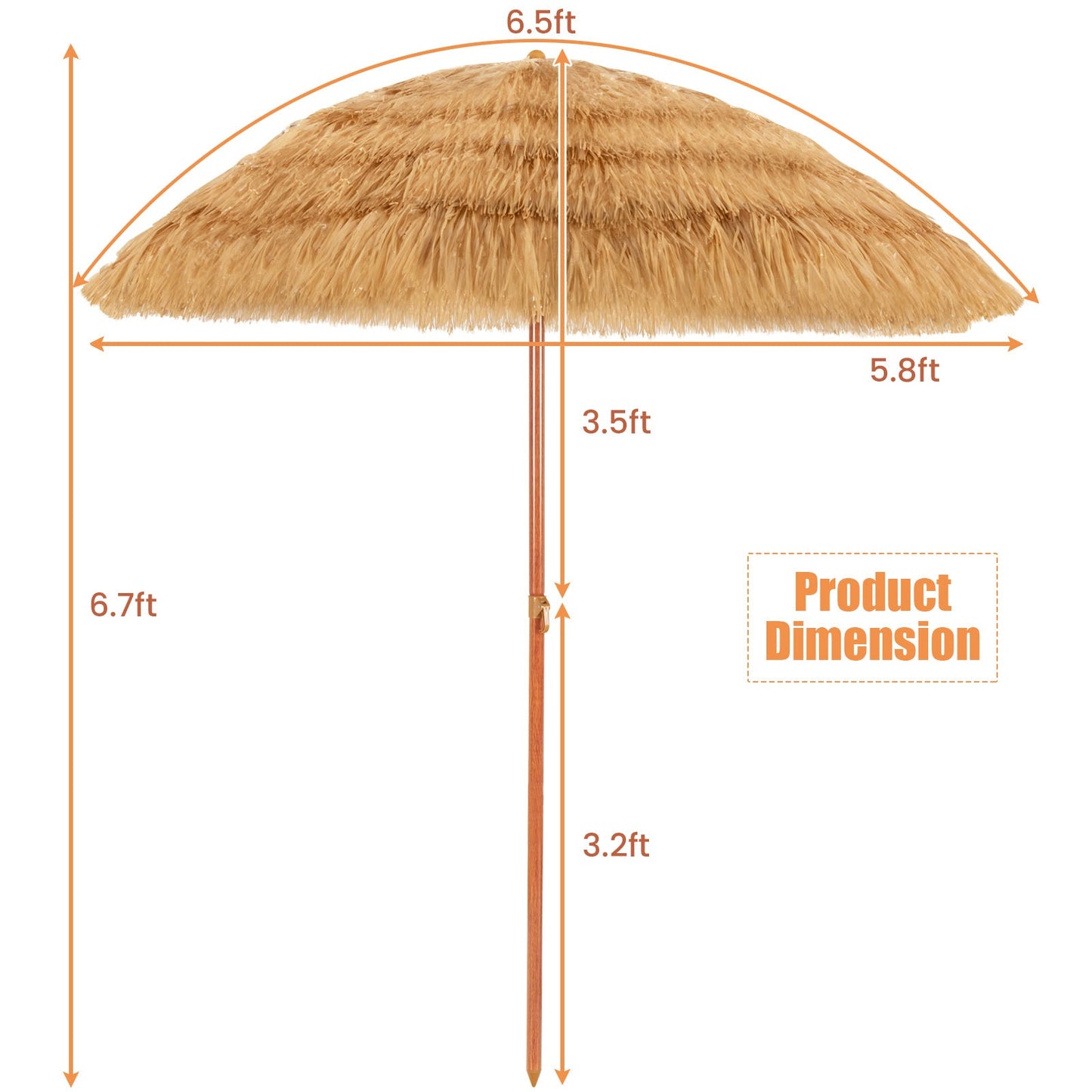 6.5 Feet Portable Thatched Tiki Beach Umbrella with Adjustable Tilt