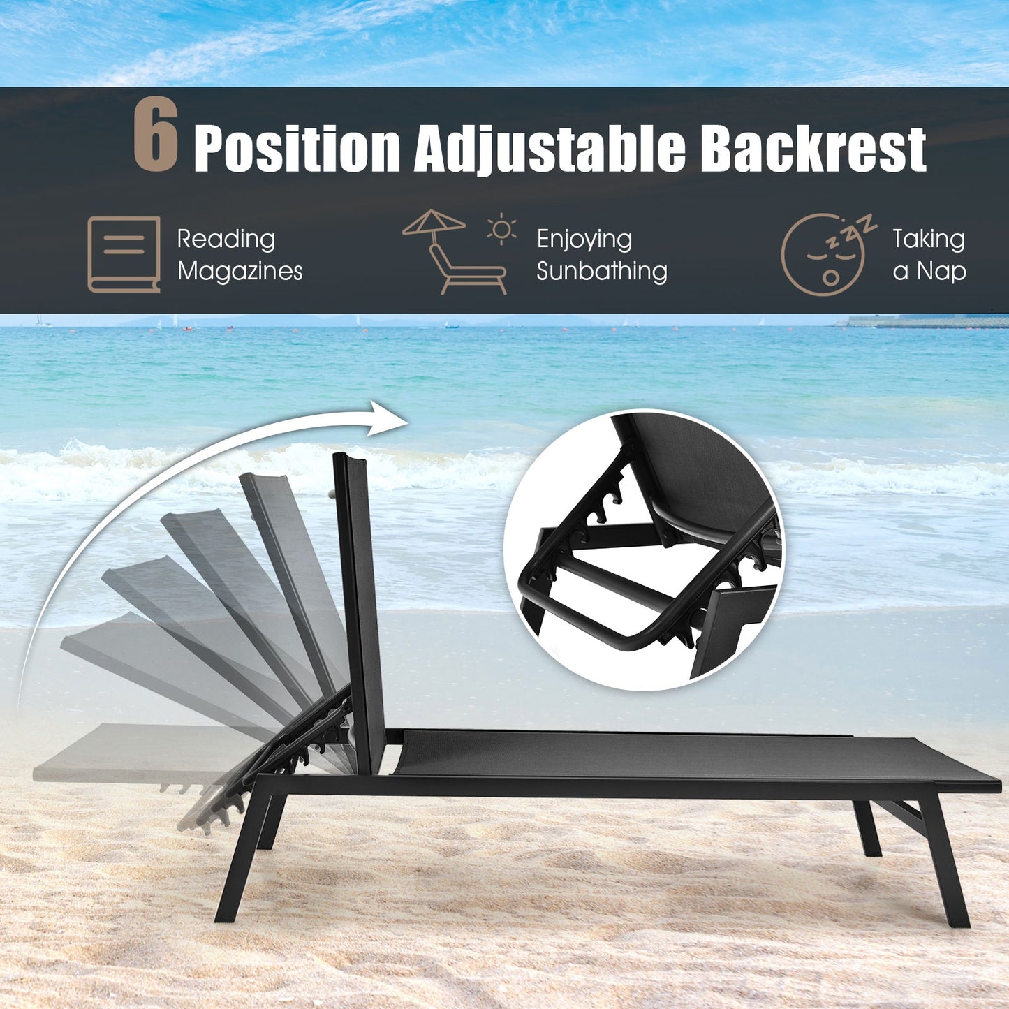 6-Position Adjustable Outdoor Chaise Lounge Chair