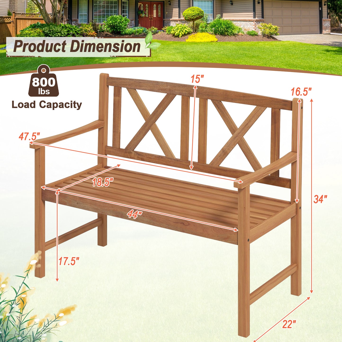 2-Person Acacia Wood Outdoor Bench with Armrests
