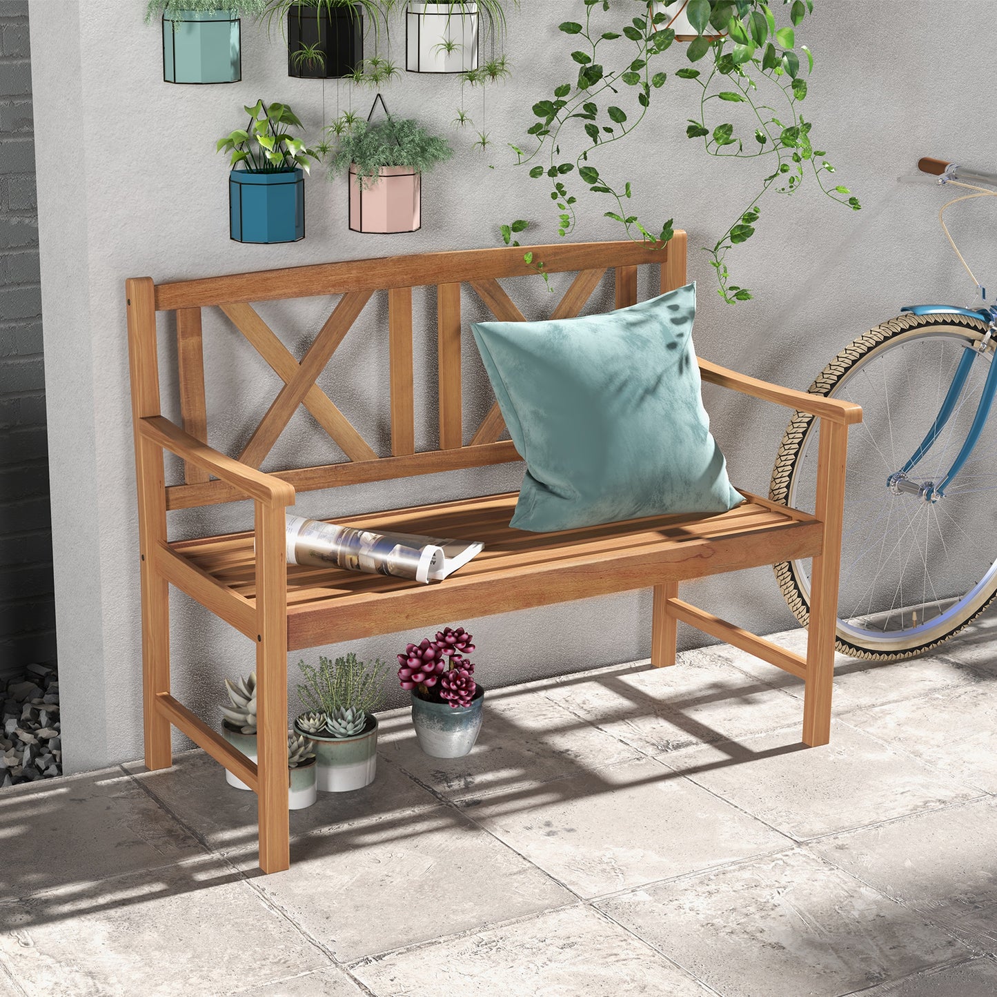 2-Person Acacia Wood Outdoor Bench with Armrests
