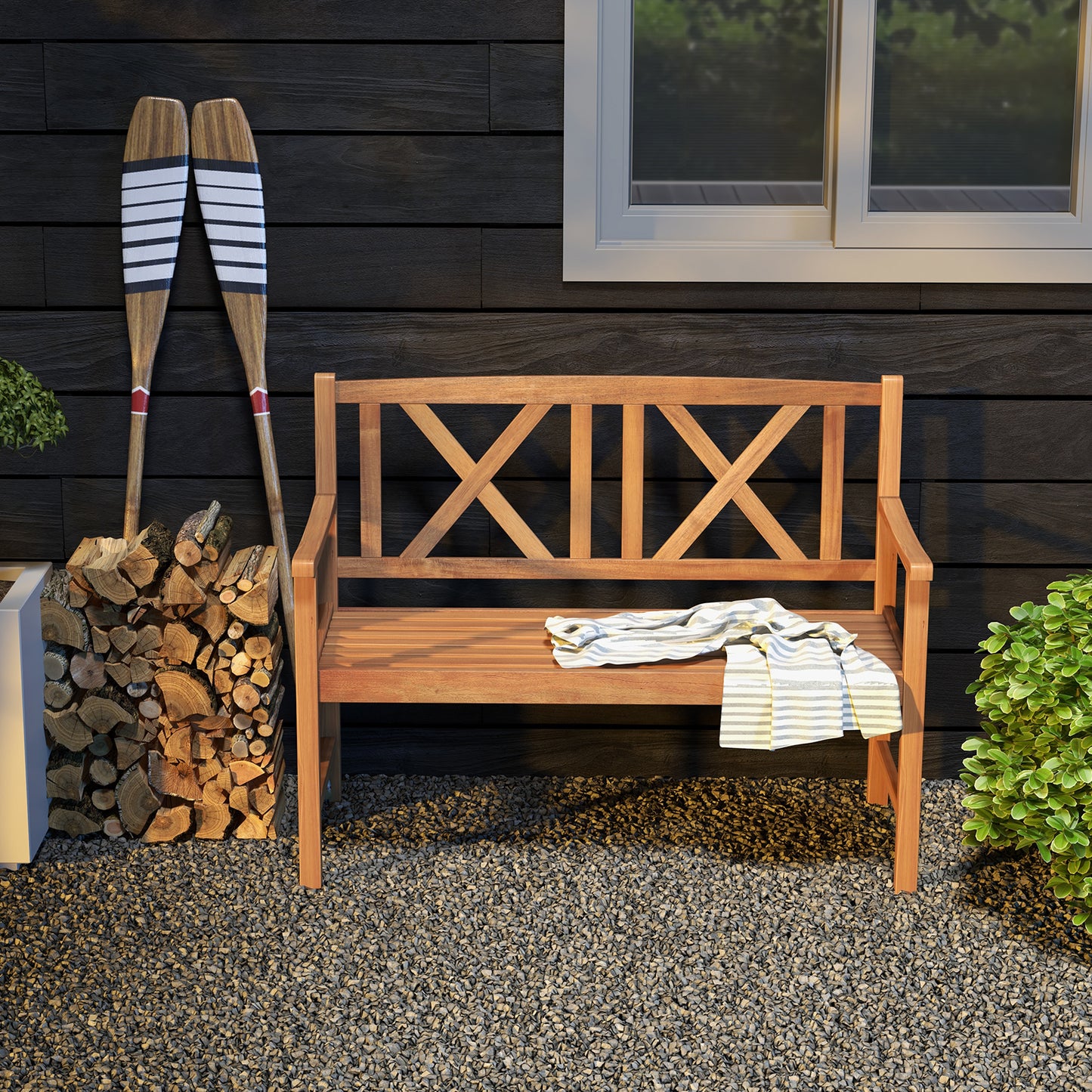 2-Person Acacia Wood Outdoor Bench with Armrests
