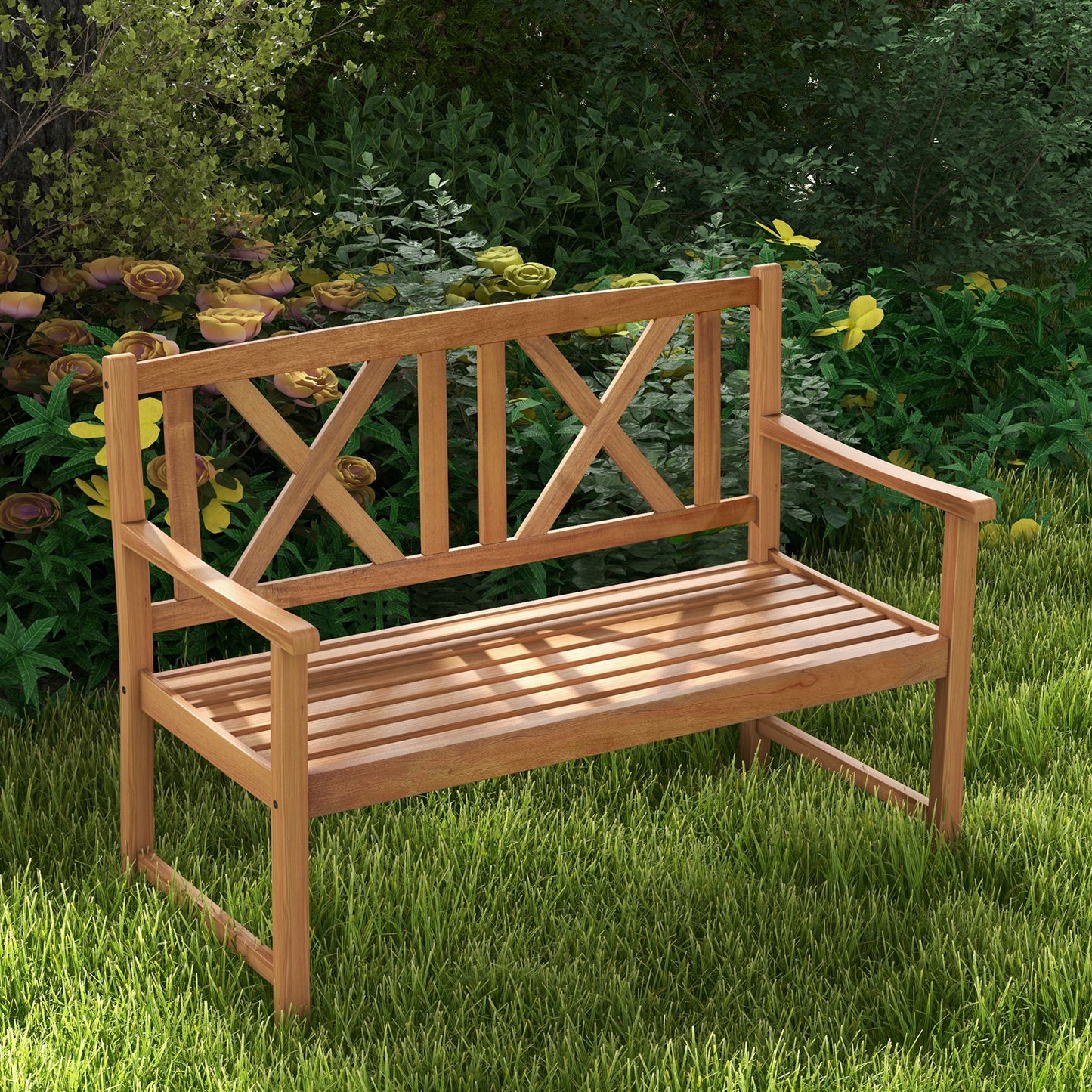 2-Person Acacia Wood Outdoor Bench with Armrests