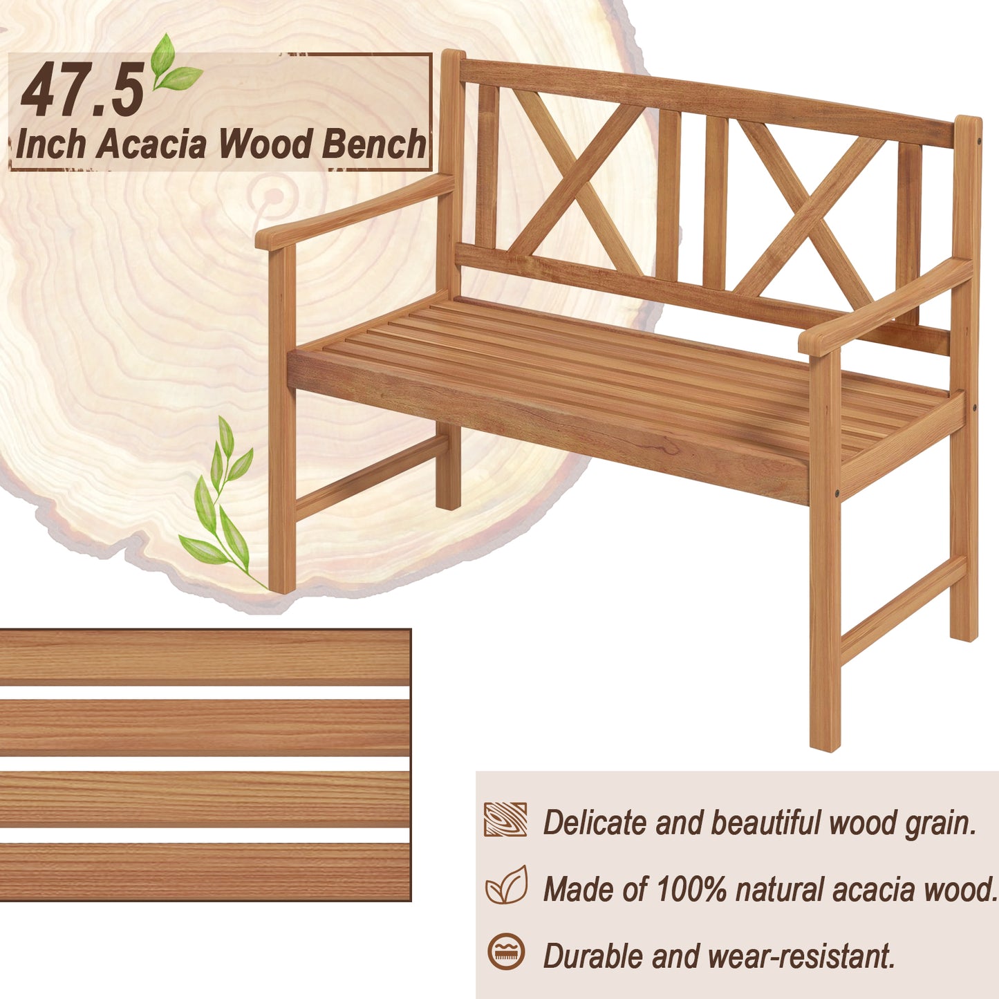 2-Person Acacia Wood Outdoor Bench with Armrests