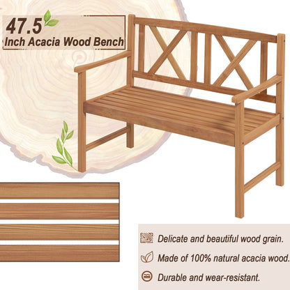 2-Person Acacia Wood Outdoor Bench with Armrests