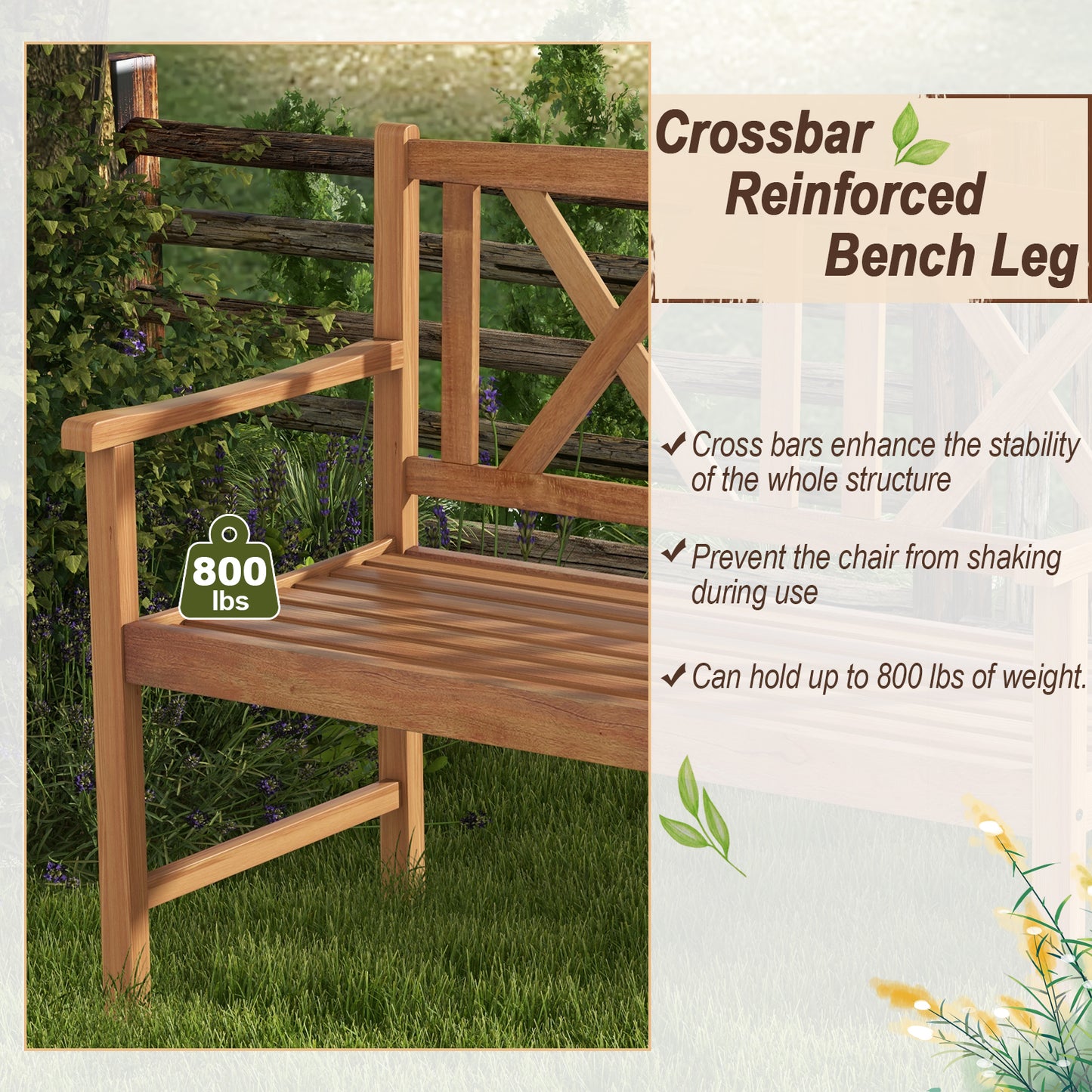 2-Person Acacia Wood Outdoor Bench with Armrests