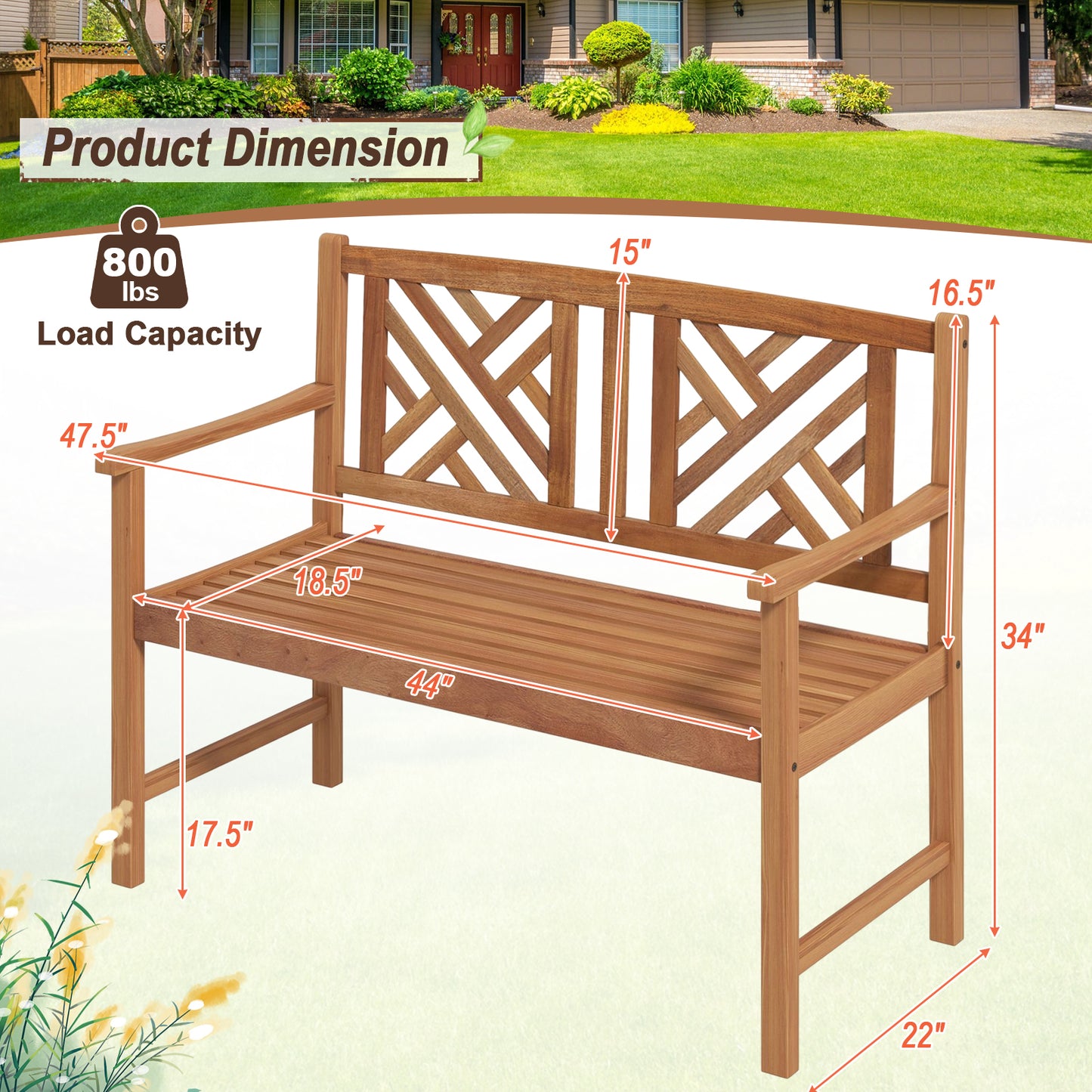 2-Person Acacia Wood Outdoor Bench with Armrests
