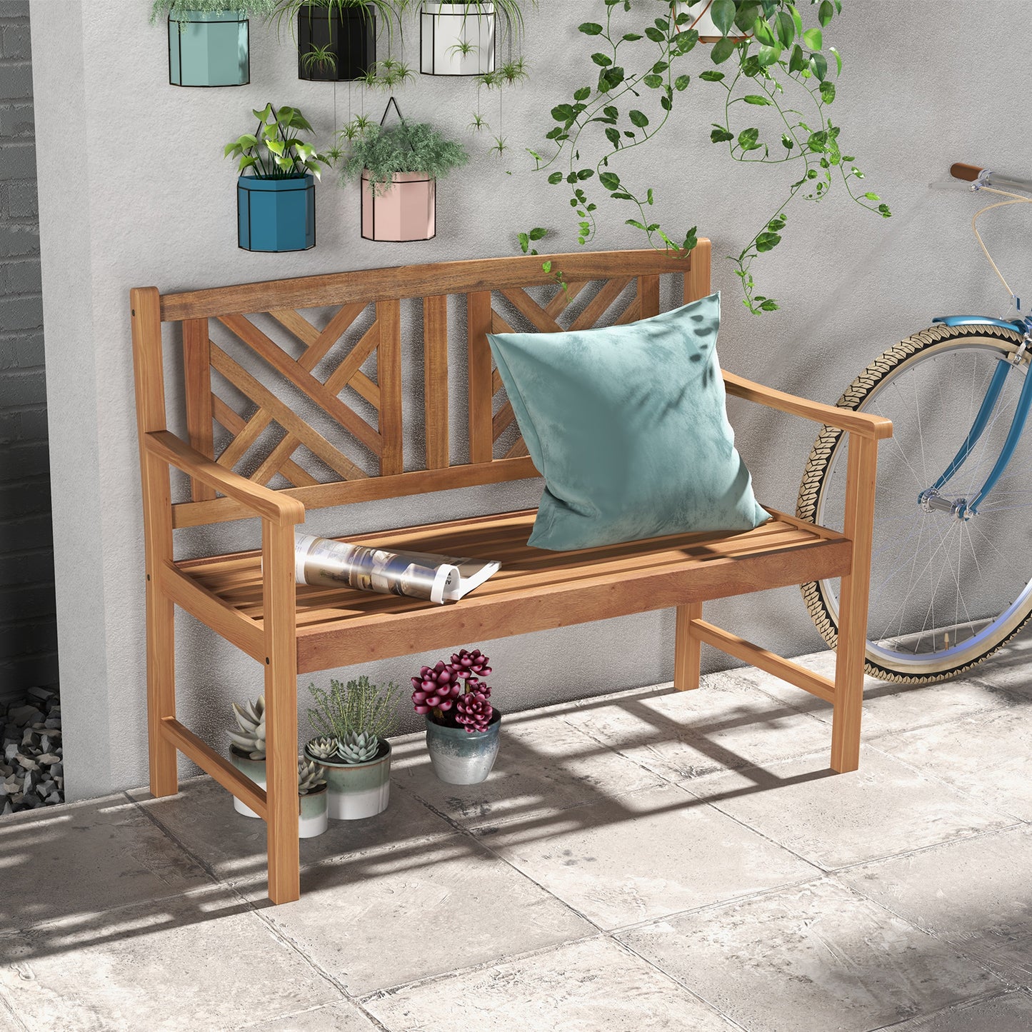 2-Person Acacia Wood Outdoor Bench with Armrests